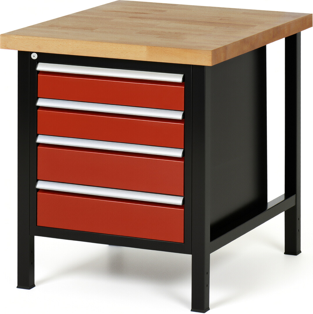 RAU Werkbank schwarz - rot - Breite 75 cm - Tiefe 90 cm - Höhe 104 cm - Buche-Massiv Arbeitsplatte 40 mm