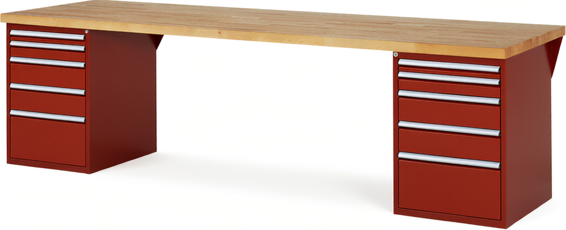 Werkbank Modell 7511 rot, BxTxH 3000x900x890 mm,  Buche-Massiv Arbeitsplatte 40 mm,  10 Schubladen mit  Vollauszug 100 % und  SoftClosing