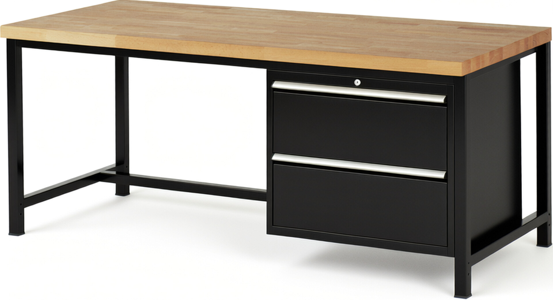 Werkbank Modell 8255 schwarz, BxTxH 2000x900x840-1040 mm,  Buche-Massiv Arbeitsplatte 40 mm,  2 Schubladen mit  Auszug 90 %