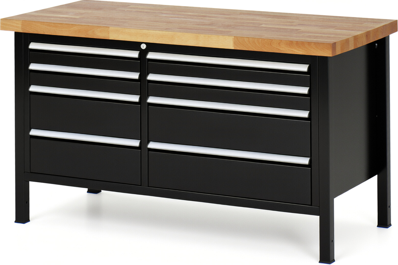 Werkbank Modell 8654 schwarz, BxTxH 1500x700x840-1040 mm,  Buche-Massiv Arbeitsplatte 40 mm,  8 Schubladen mit  Auszug 90 %