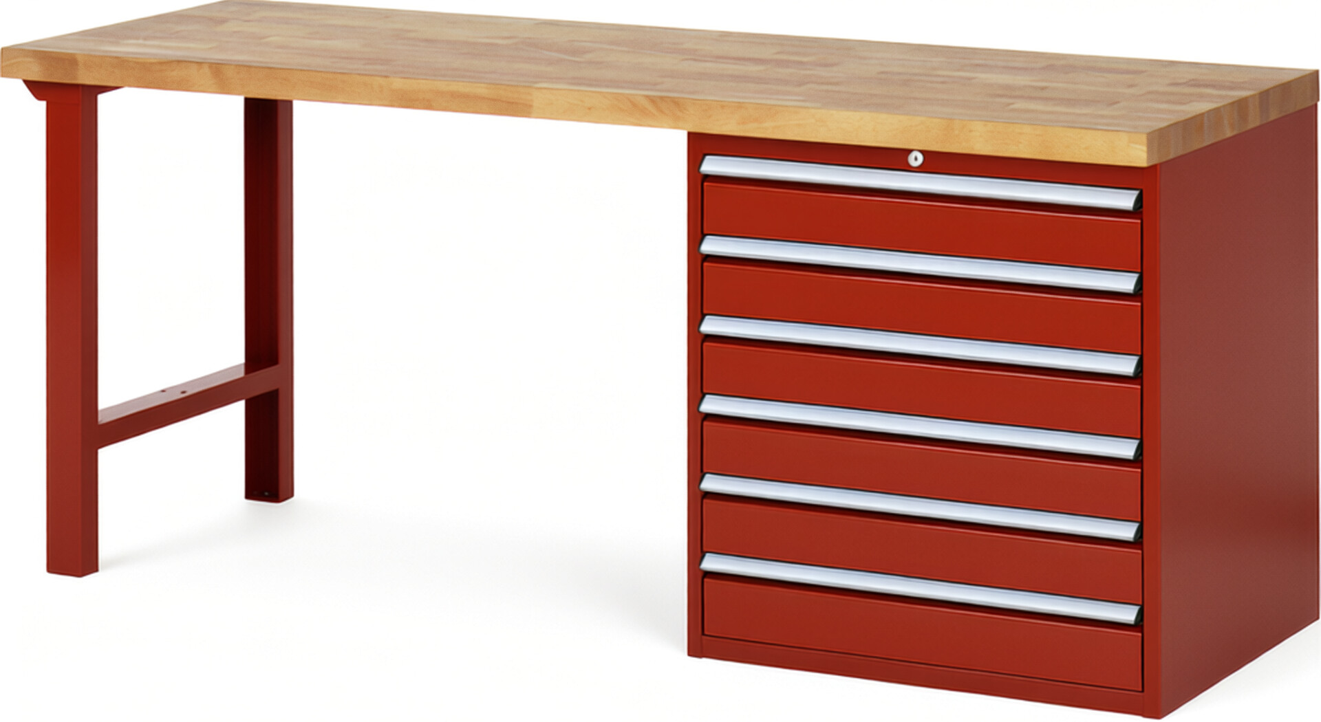 Werkbank Modell 7616 rot, BxTxH 2000x700x890 mm,  Buche-Massiv Arbeitsplatte 40 mm,  6 Schubladen mit  Auszug 90 %