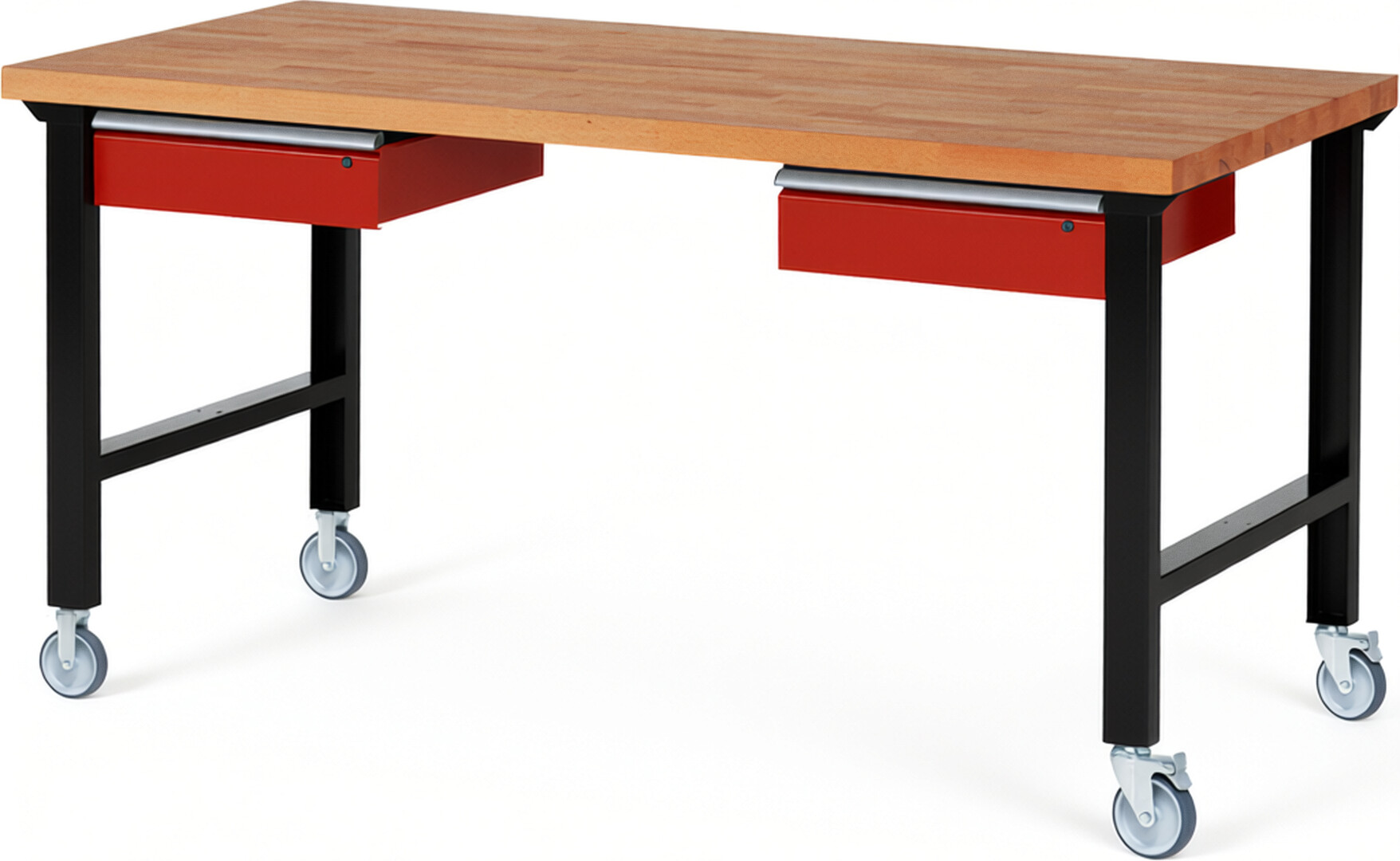 RAU Werkbank schwarz - rot - Breite 200 cm - Tiefe 90 cm - Höhe 100 cm - Buche-Massiv Arbeitsplatte 40 mm