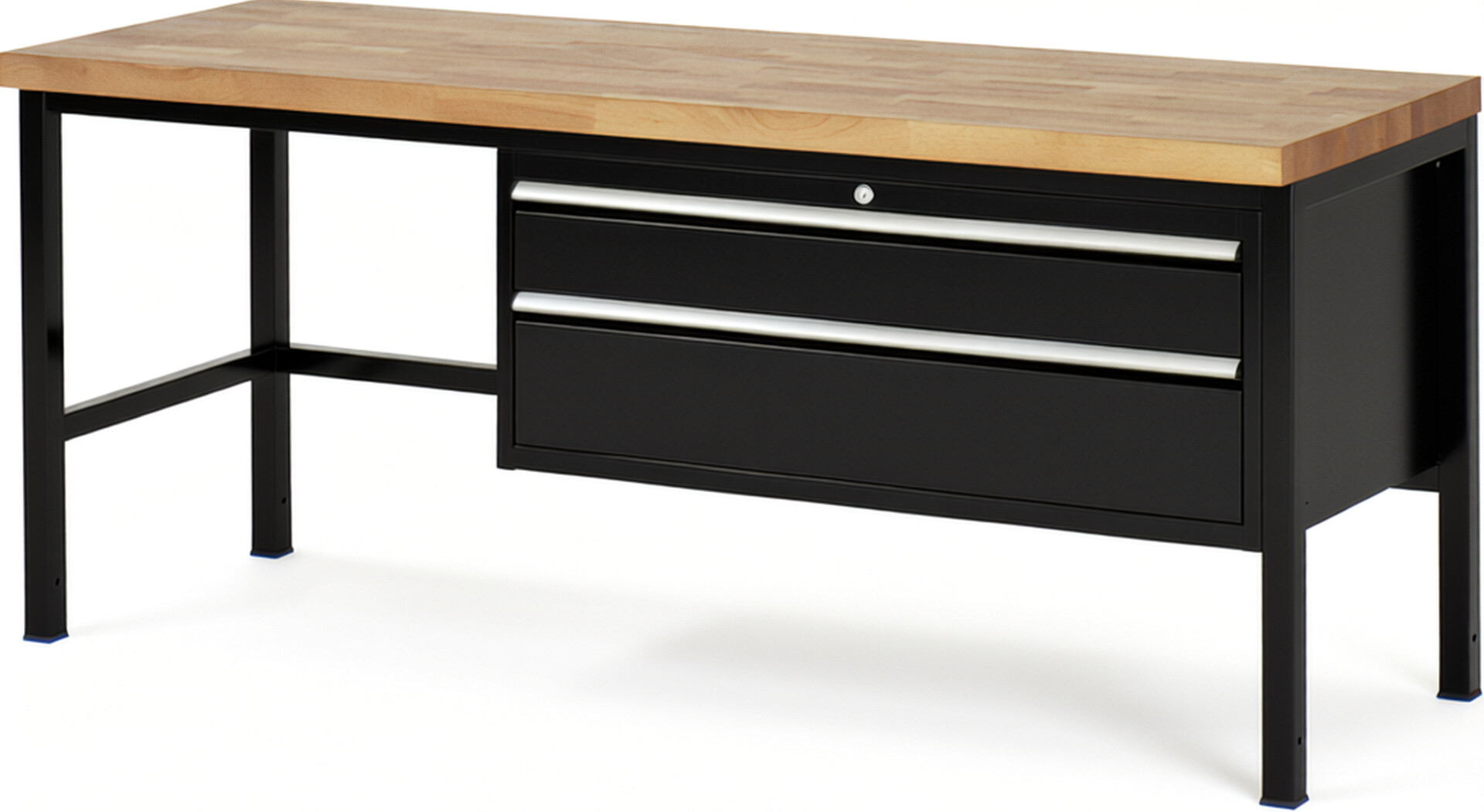 Werkbank Modell 8323 schwarz, BxTxH 2000x700x840-1040 mm,  Buche-Massiv Arbeitsplatte 40 mm,  2 Schubladen mit  Auszug 90 %