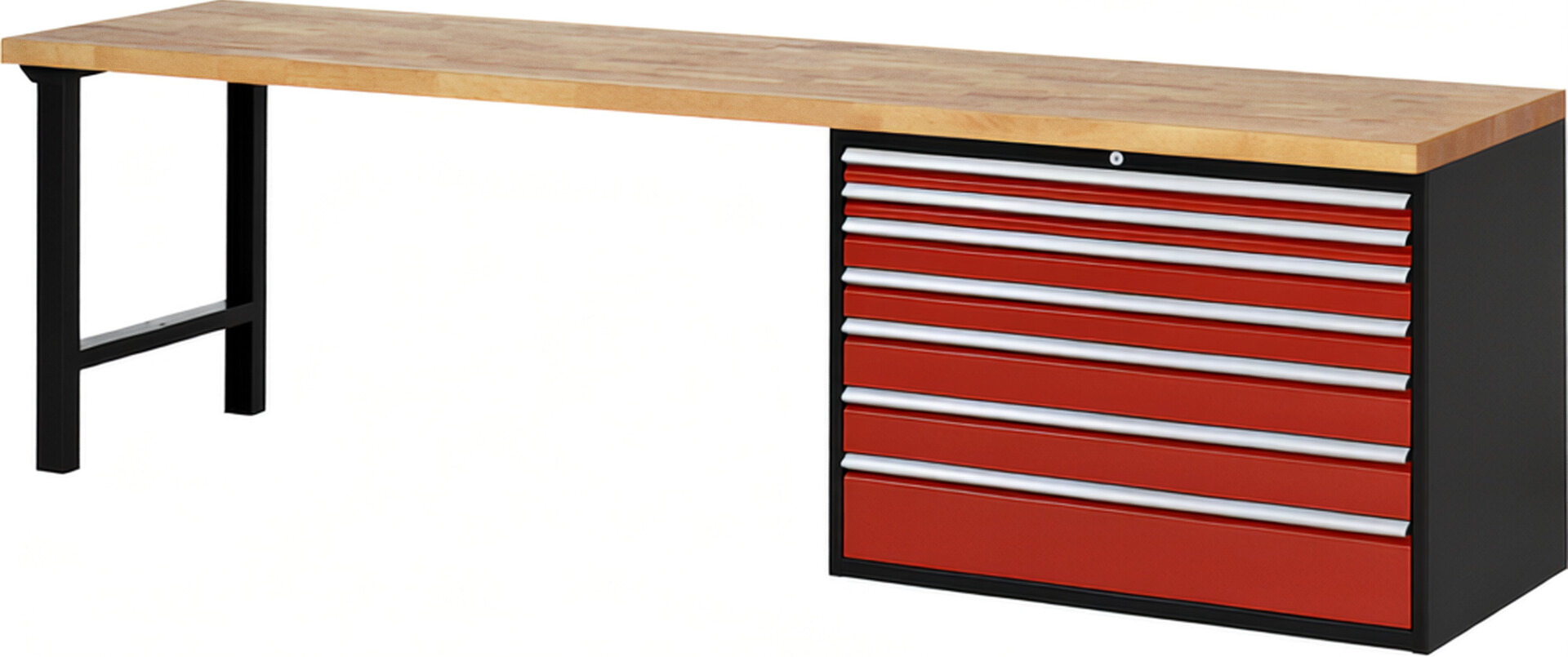 RAU Werkbank schwarz - rot - Breite 300 cm - Tiefe 70 cm - Höhe 89 cm - Buche-Massiv Arbeitsplatte 40 mm