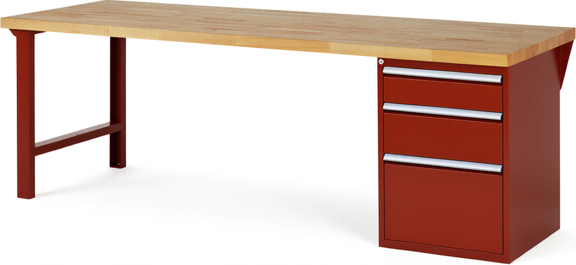 Werkbank Modell 7508 rot, BxTxH 2500x900x840 mm,  Buche-Massiv Arbeitsplatte 40 mm,  3 Schubladen mit  Vollauszug 100 % und  SoftClosing