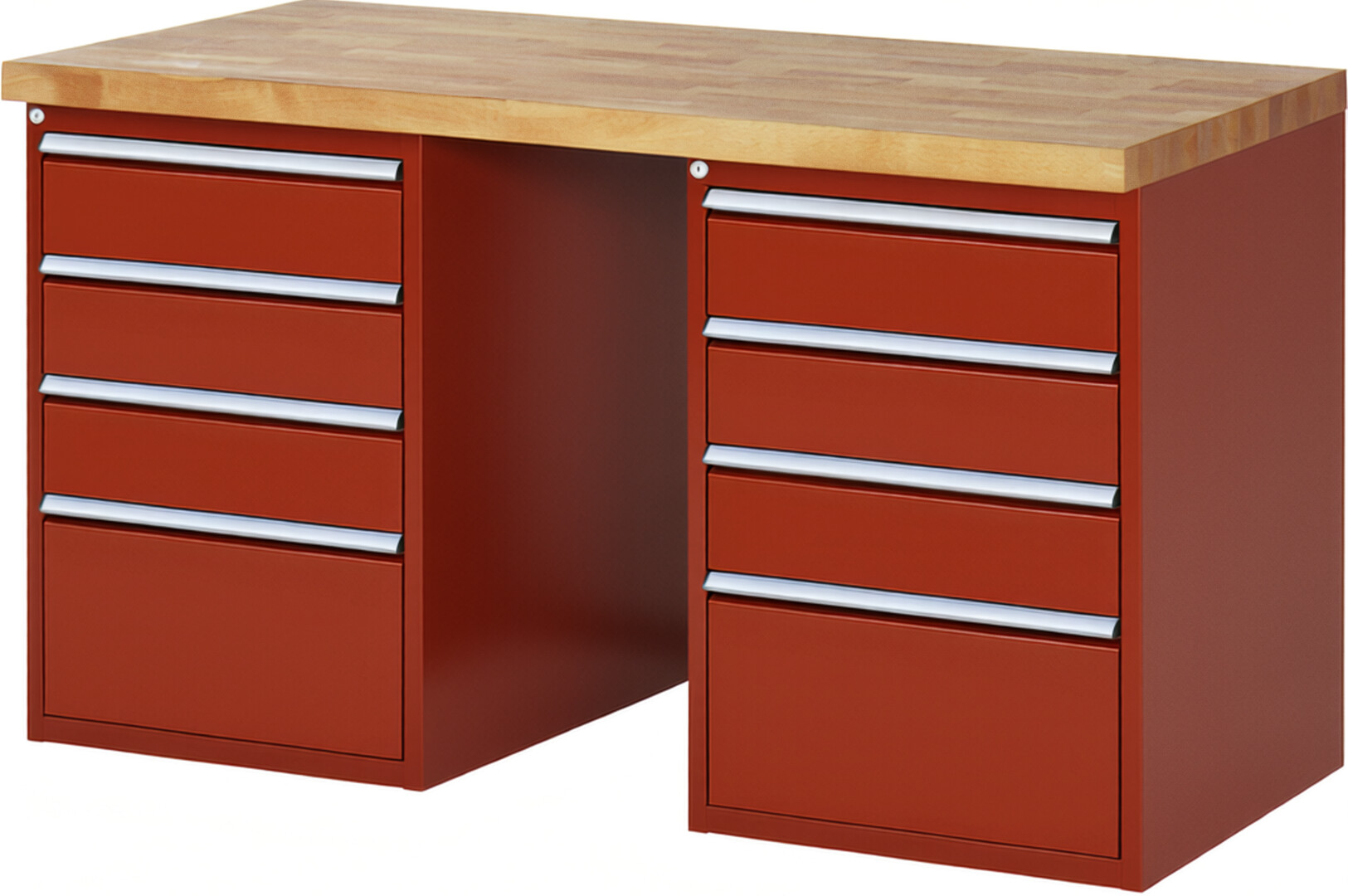 Werkbank Modell 7510 rot, BxTxH 1500x700x890 mm,  Buche-Massiv Arbeitsplatte 40 mm,  8 Schubladen mit  Auszug 90 %