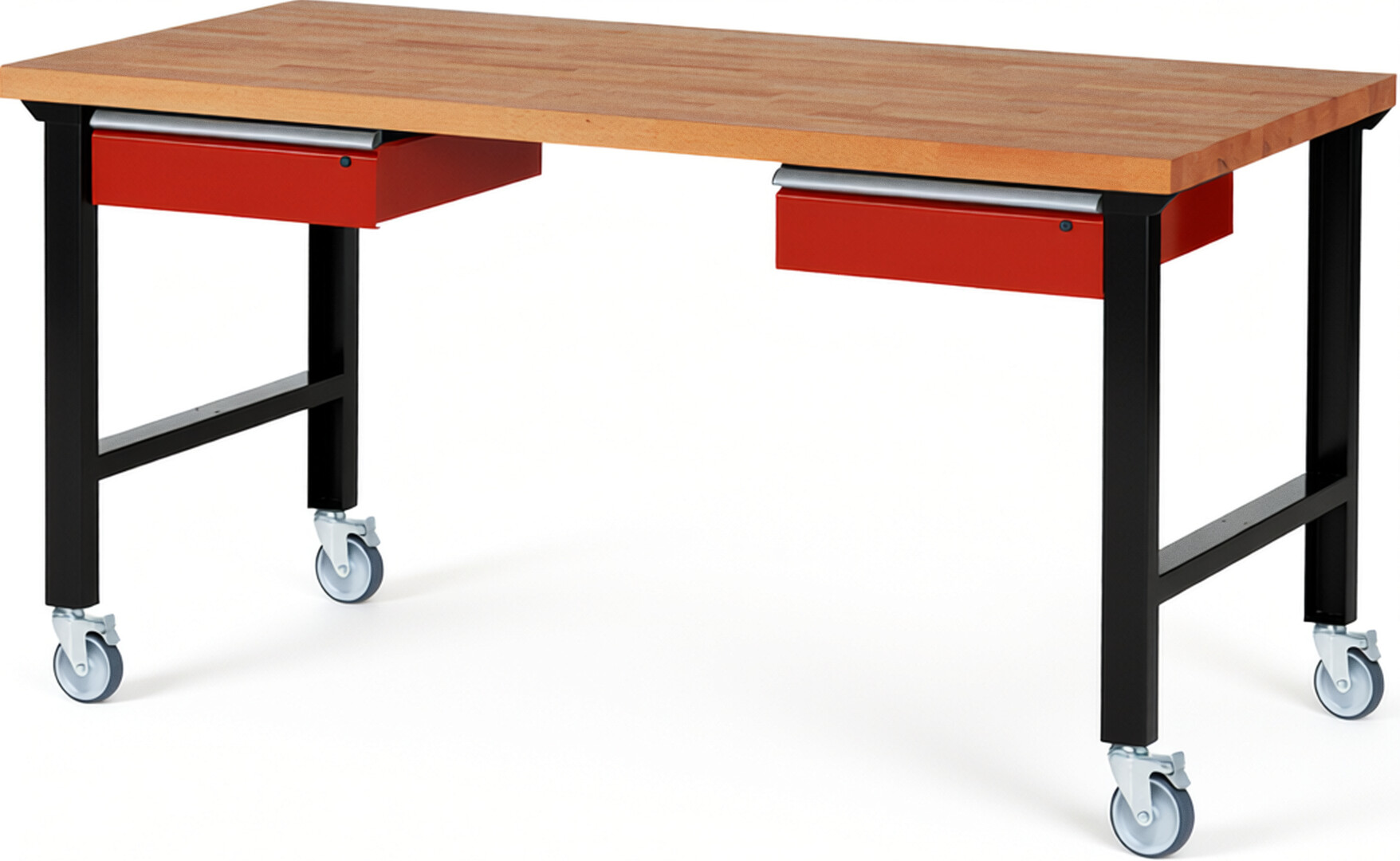RAU Werkbank schwarz - rot - Breite 200 cm - Tiefe 90 cm - Höhe 100 cm - Buche-Massiv Arbeitsplatte 40 mm
