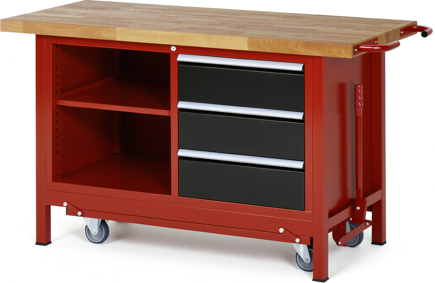 Absenkbare Werkbank Modell 8462 rot - schwarz, BxTxH 1500x700x880 mm,  Buche-Massiv Arbeitsplatte 40 mm,  3 Schubladen mit  Auszug 90 %