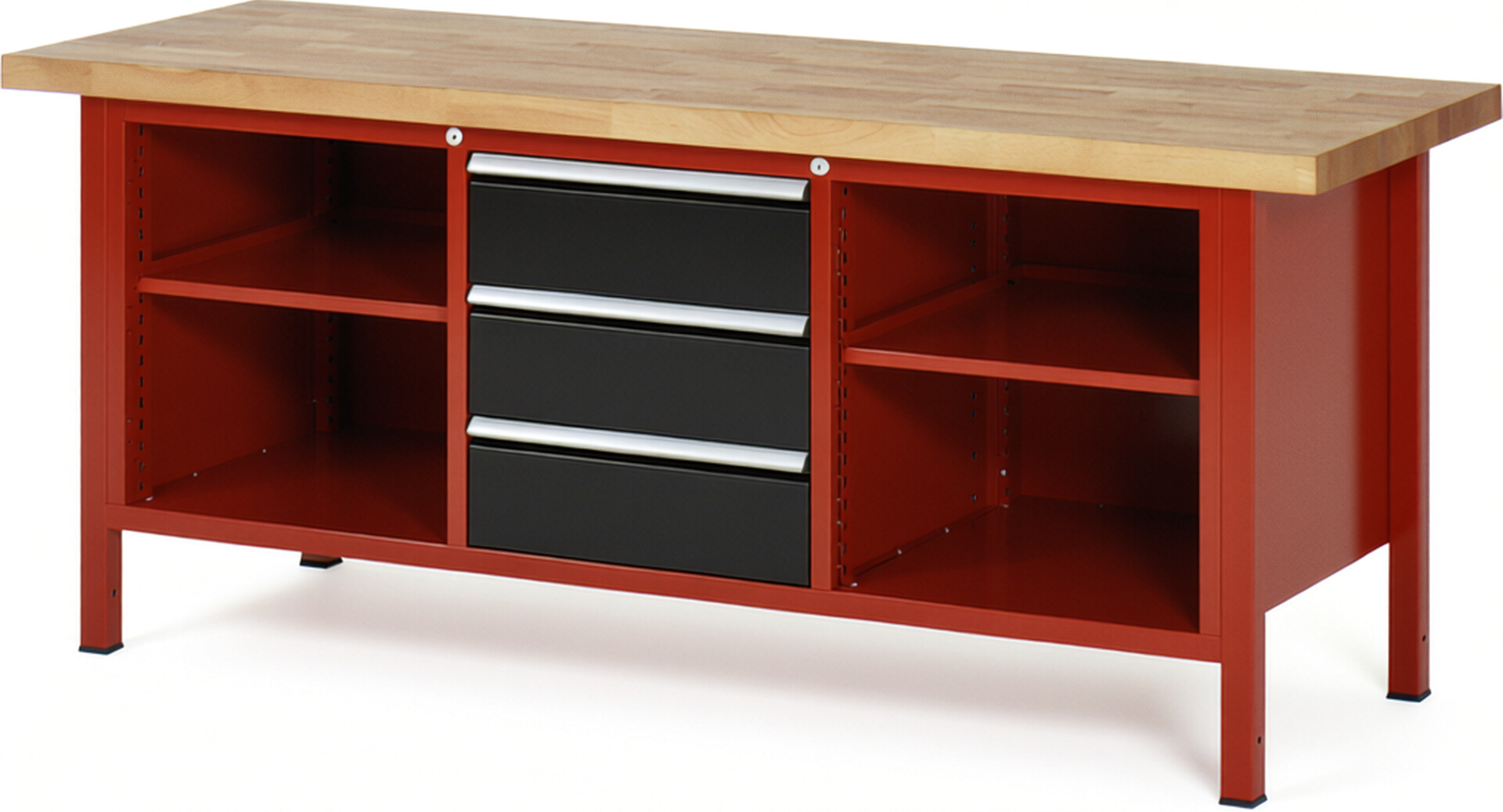 Werkbank Modell 8565 rot - schwarz, BxTxH 2000x700x840 mm,  Buche-Massiv Arbeitsplatte 40 mm,  3 Schubladen mit  Vollauszug 100 % und  SoftClosing