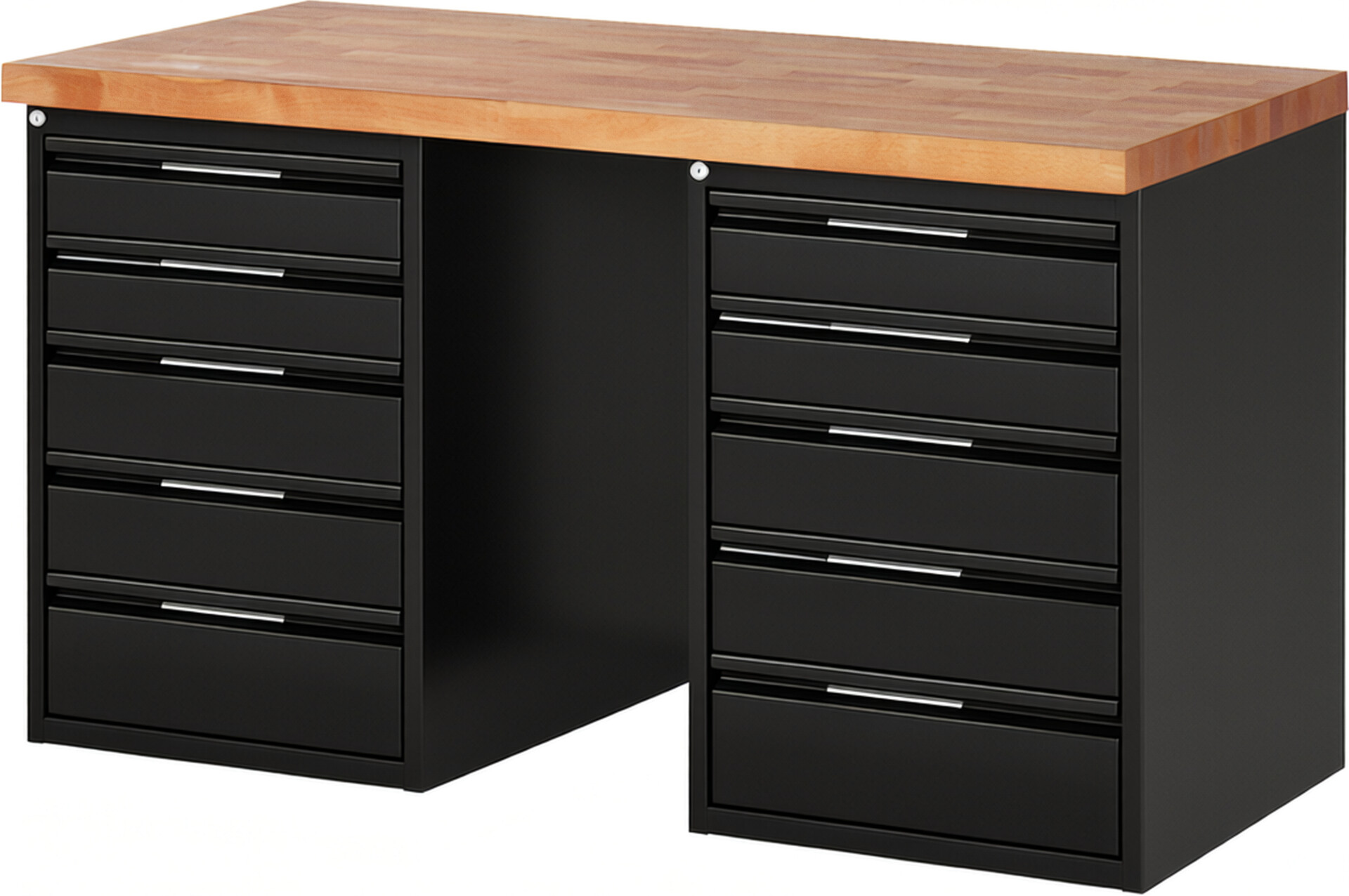 Werkbank - Modell 7513 BASIC schwarz, BxTxH 1500x700x840 mm,  Buche-Massiv Arbeitsplatte 40 mm,  10 Schubladen mit  Auszug 90 %