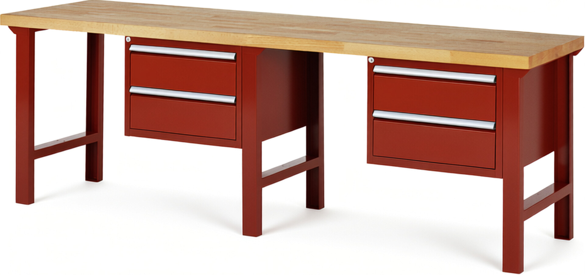 Werkbank Modell 7125 rot, BxTxH 2500x700x840 mm,  Buche-Massiv Arbeitsplatte 40 mm,  4 Schubladen mit  Vollauszug 100 % und  SoftClosing