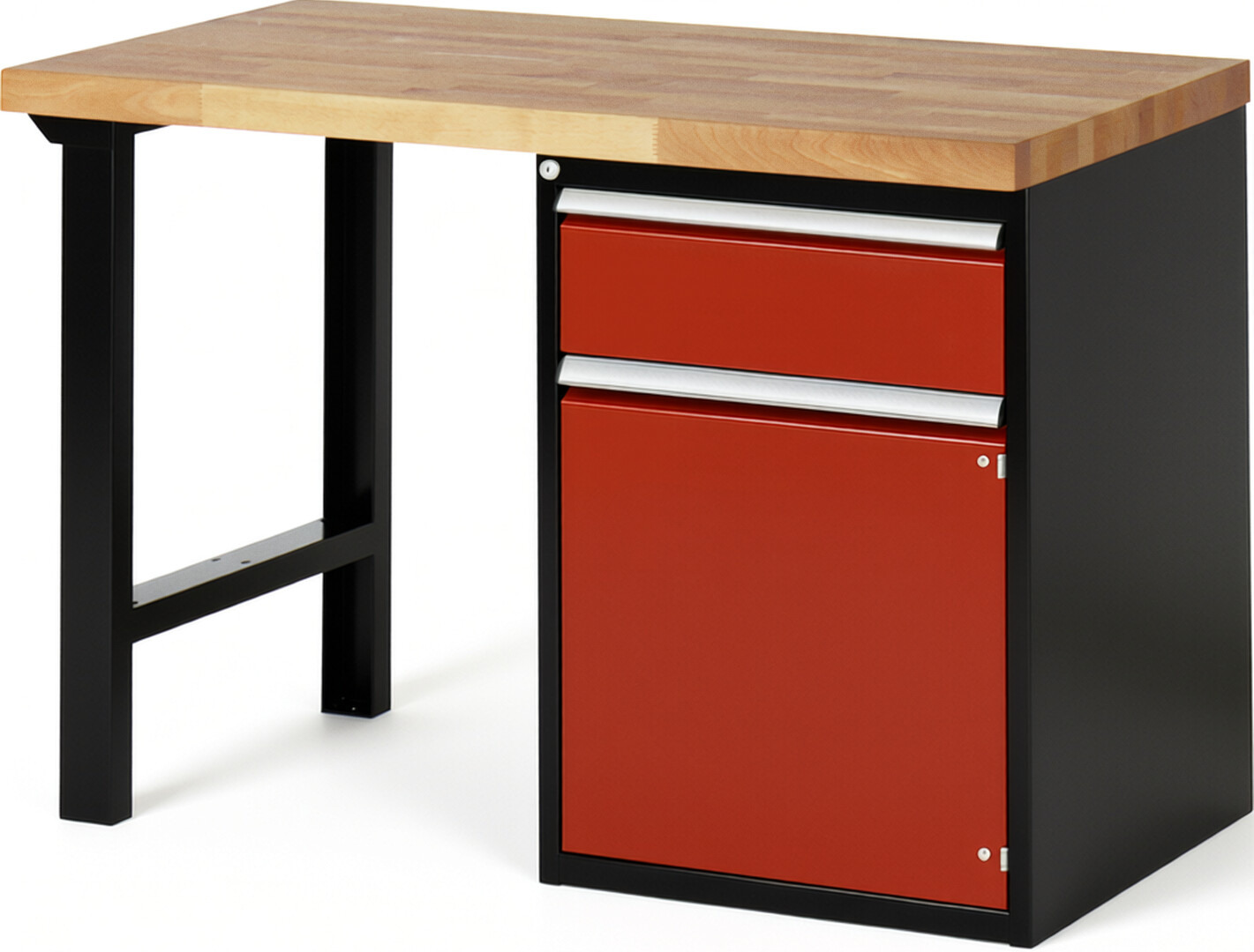 RAU Werkbank schwarz - rot - Breite 125 cm - Tiefe 70 cm - Höhe 89 cm - Buche-Massiv Arbeitsplatte 40 mm