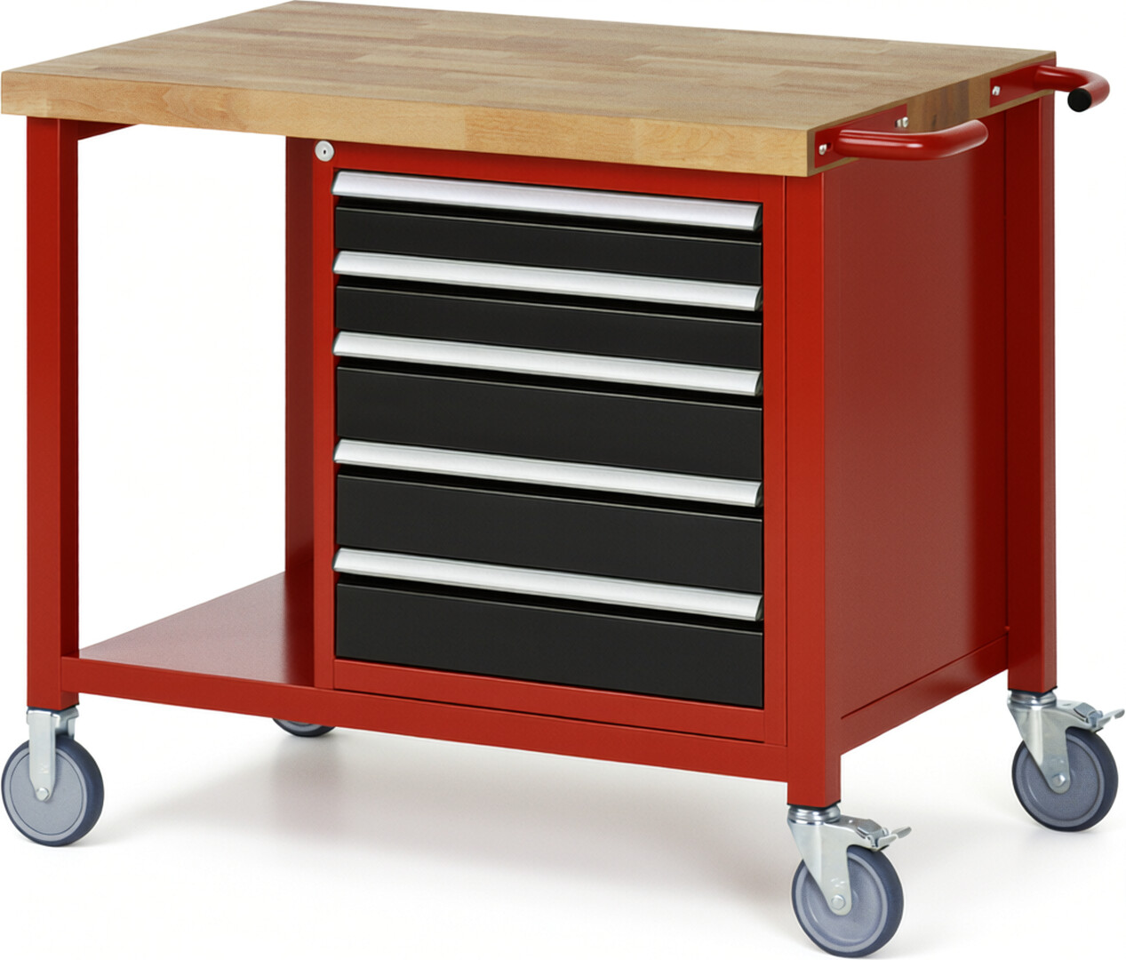 Fahrbare Werkbank Modell 8171 rot - schwarz, BxTxH 1000x700x880 mm,  Buche-Massiv Arbeitsplatte 40 mm,  5 Schubladen mit  Auszug 90 %