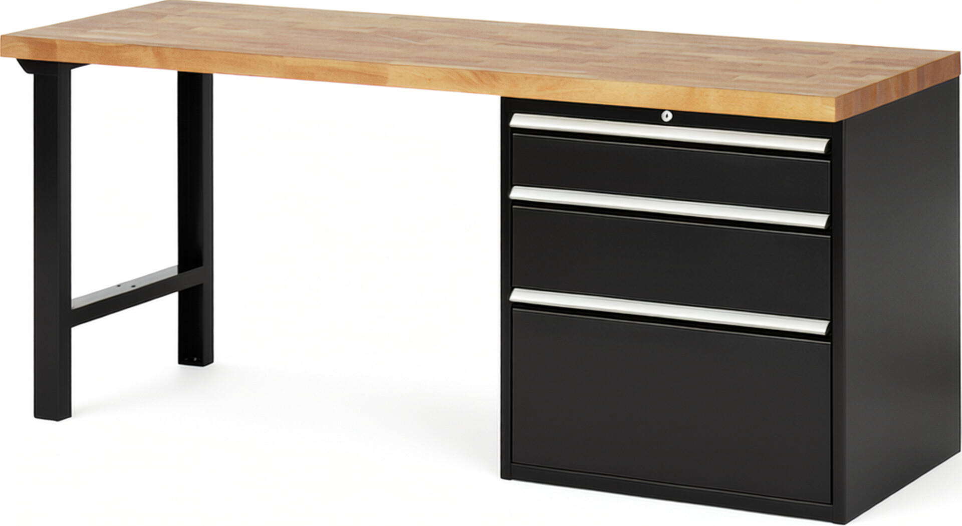 Werkbank Modell 7608 schwarz, BxTxH 2000x700x890 mm,  Buche-Massiv Arbeitsplatte 40 mm,  3 Schubladen mit  Vollauszug 100 % und  SoftClosing