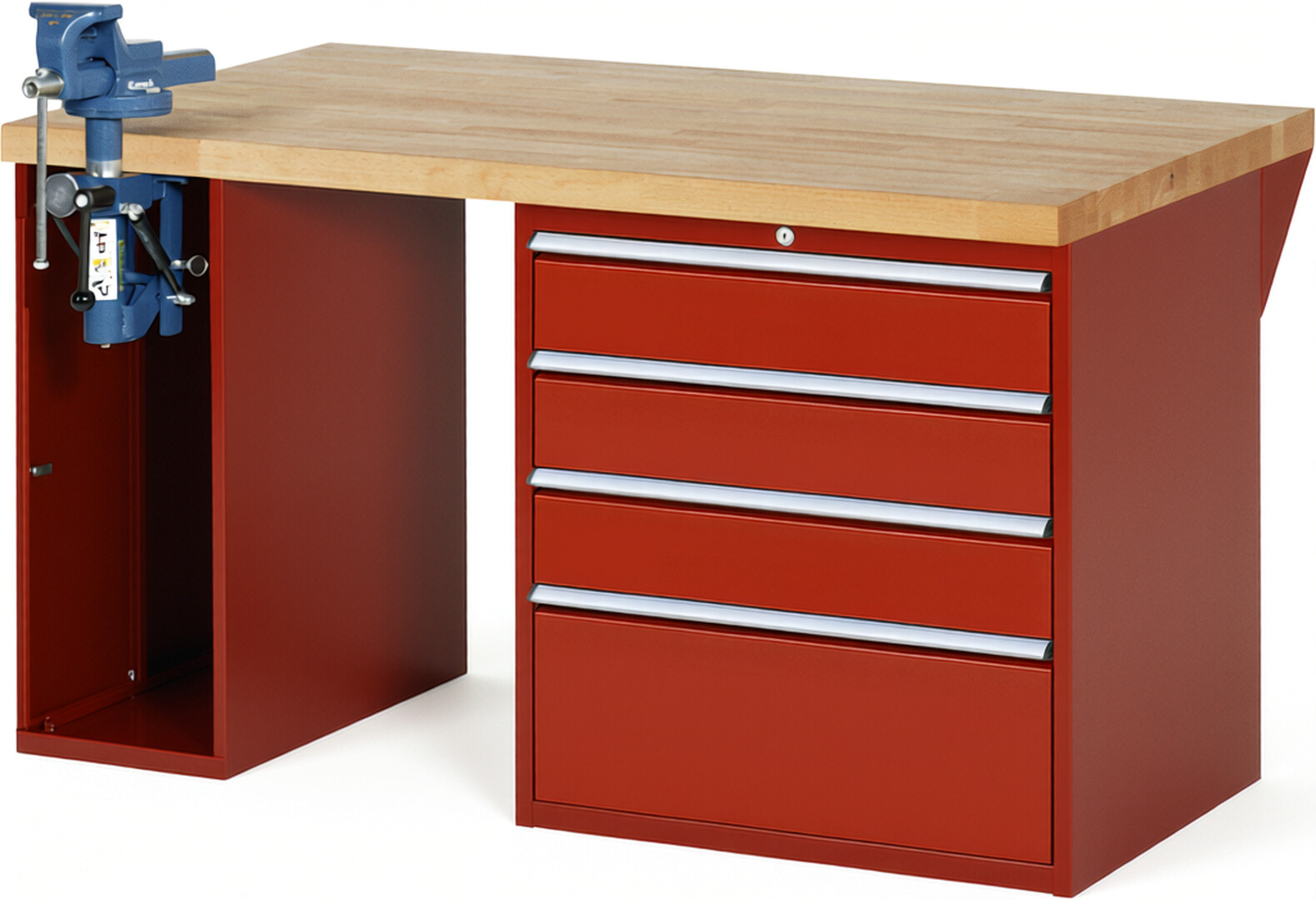 Werkbank Modell 7610 rot, BxTxH 1500x900x840 mm,  Buche-Massiv Arbeitsplatte 40 mm,  4 Schubladen mit  Auszug 90 %