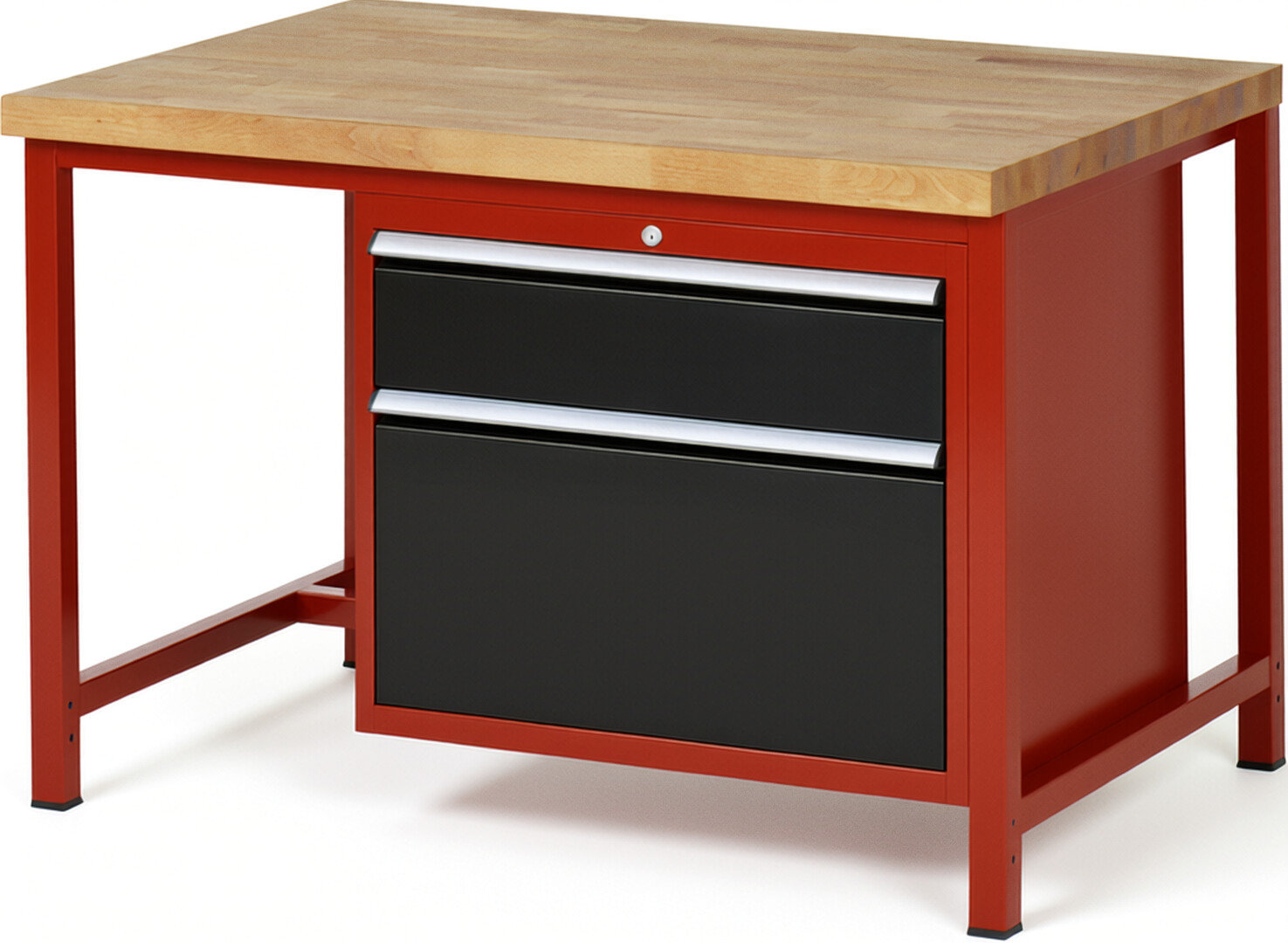 Werkbank Modell 8256 rot - schwarz, BxTxH 1250x900x840-1040 mm,  Buche-Massiv Arbeitsplatte 40 mm,  2 Schubladen mit  Vollauszug 100 % und  SoftClosing