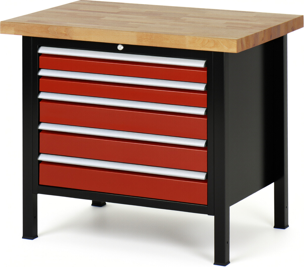 RAU Werkbank schwarz - rot - Breite 100 cm - Tiefe 70 cm - Höhe 104 cm - Buche-Massiv Arbeitsplatte 40 mm