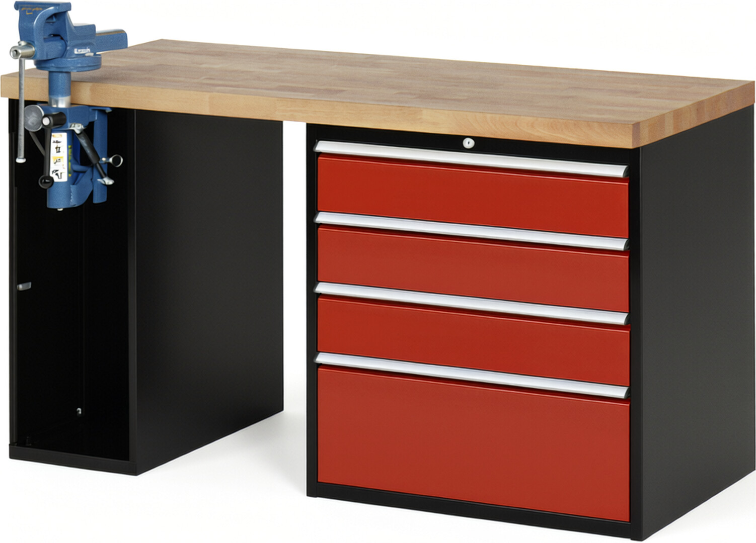RAU Werkbank schwarz - rot - Breite 150 cm - Tiefe 70 cm - Höhe 89 cm - Buche-Massiv Arbeitsplatte 40 mm