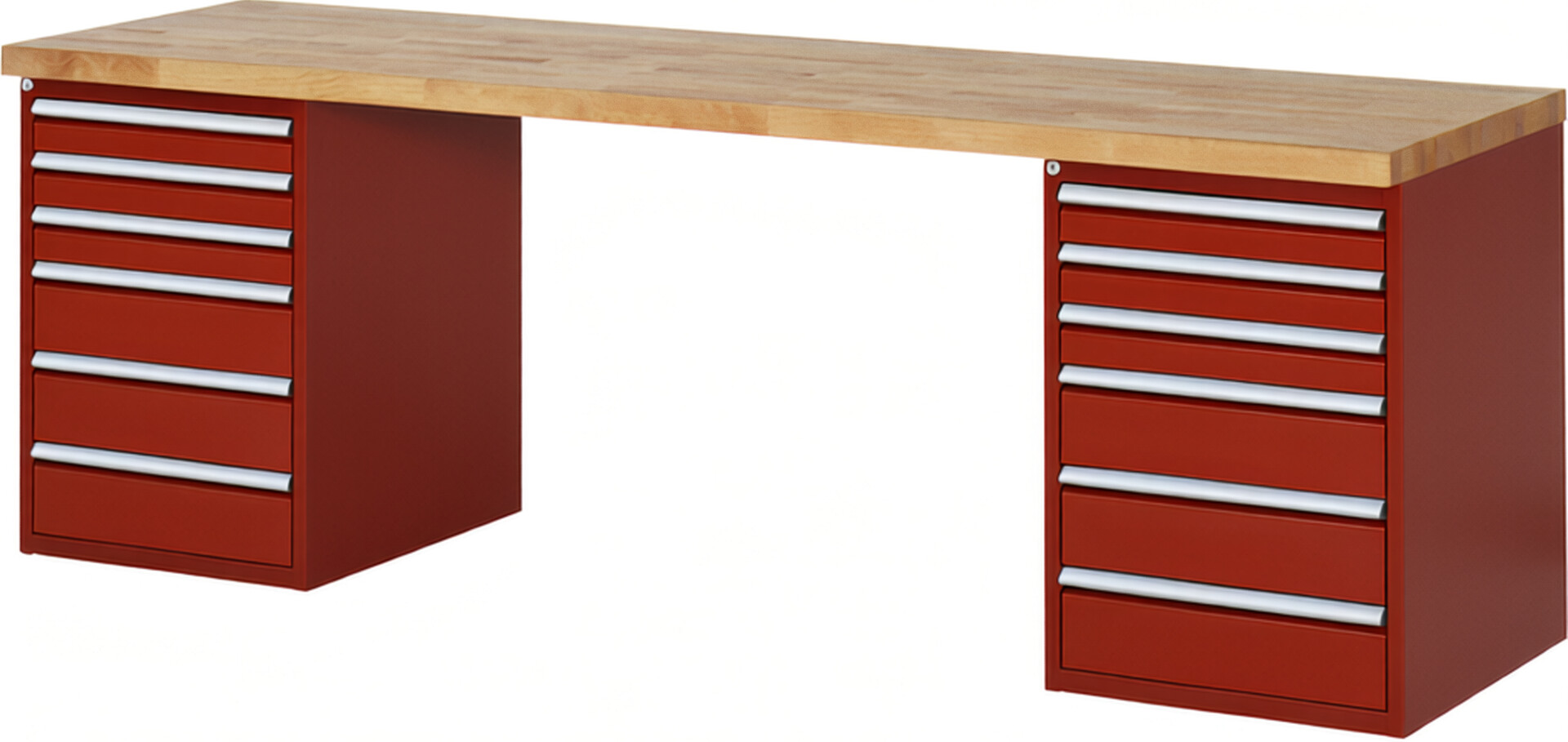 RAU Werkbank rot - Breite 250 cm - Tiefe 70 cm - Höhe 89 cm - Buche-Massiv Arbeitsplatte 40 mm