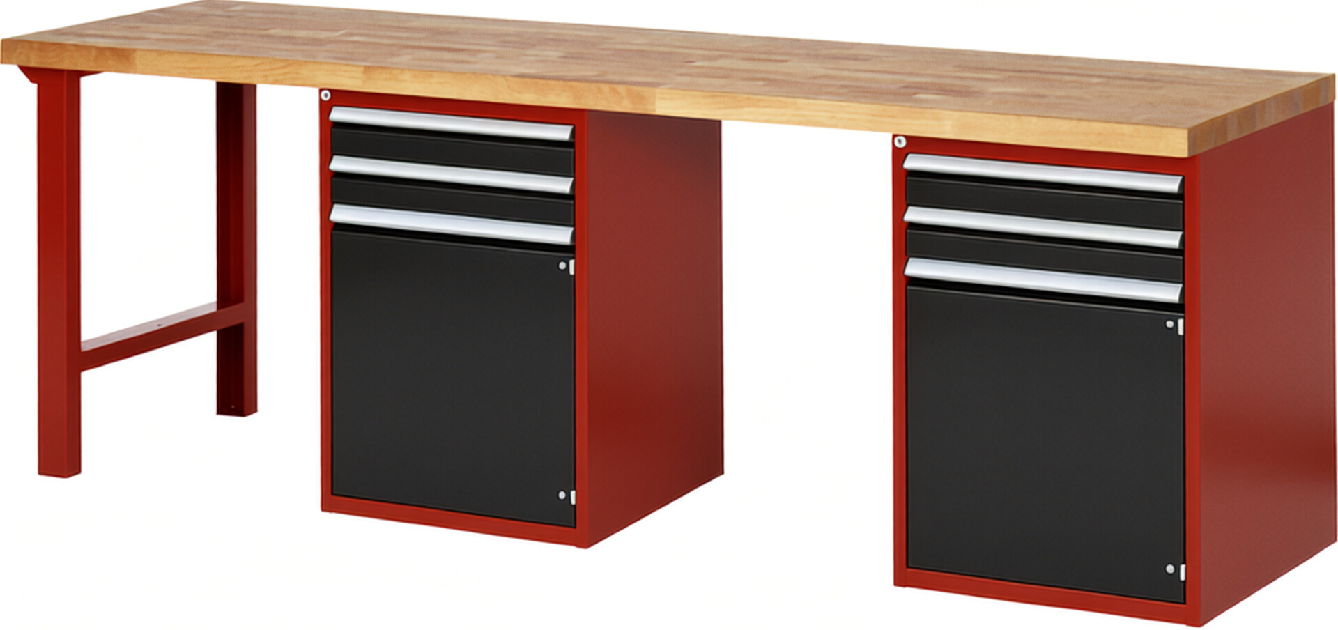 Werkbank Modell 7503 rot - schwarz, BxTxH 2500x700x890 mm,  Buche-Massiv Arbeitsplatte 40 mm,  4 Schubladen mit  Vollauszug 100 % und  SoftClosing