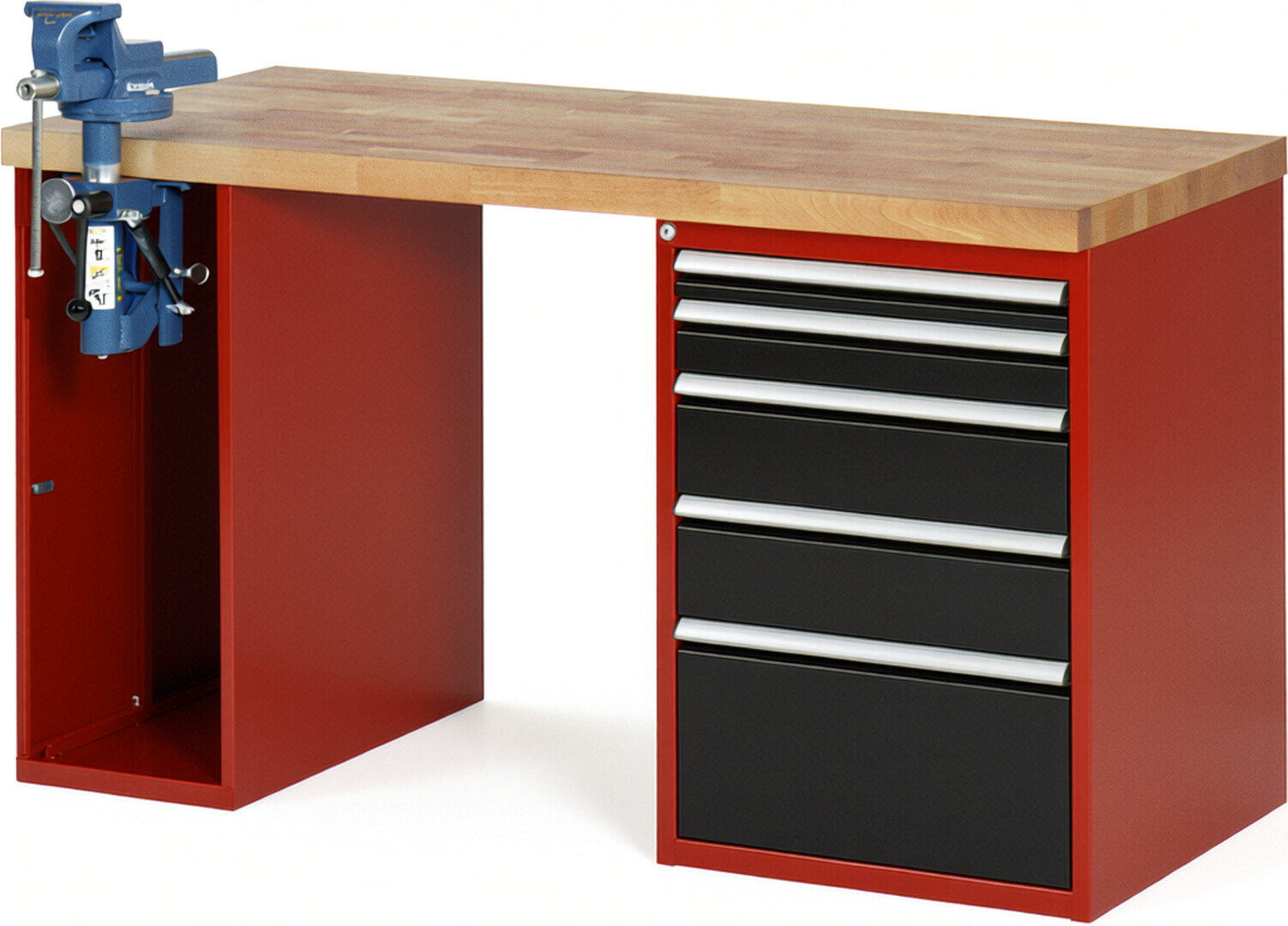 Werkbank Modell 7511 rot - schwarz, BxTxH 1500x700x890 mm,  Buche-Massiv Arbeitsplatte 40 mm,  5 Schubladen mit  Auszug 90 %