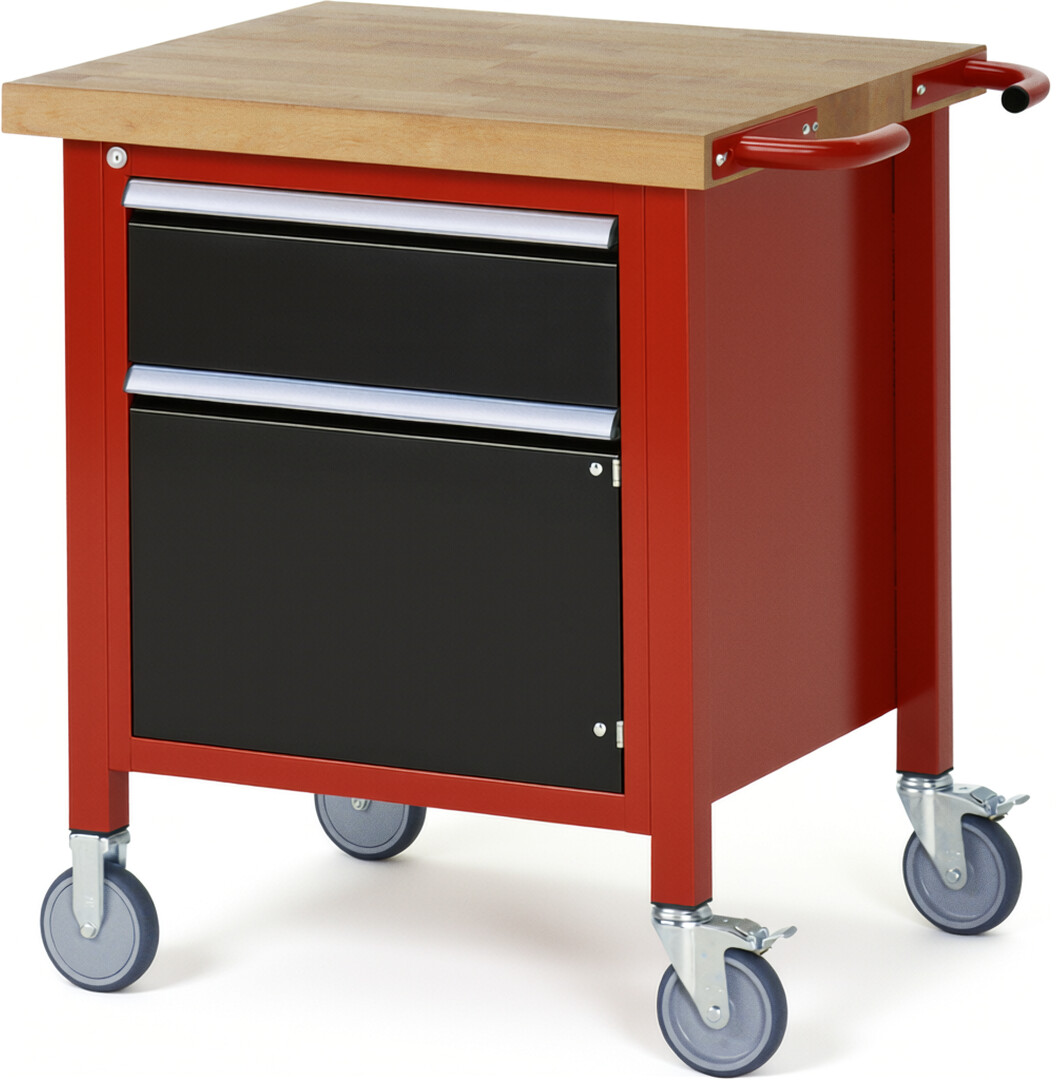 Fahrbare Werkbank Modell 8152 rot - schwarz, BxTxH 750x700x880-1080 mm,  Buche-Massiv Arbeitsplatte 40 mm,  1 Schublade mit  Auszug 90 %