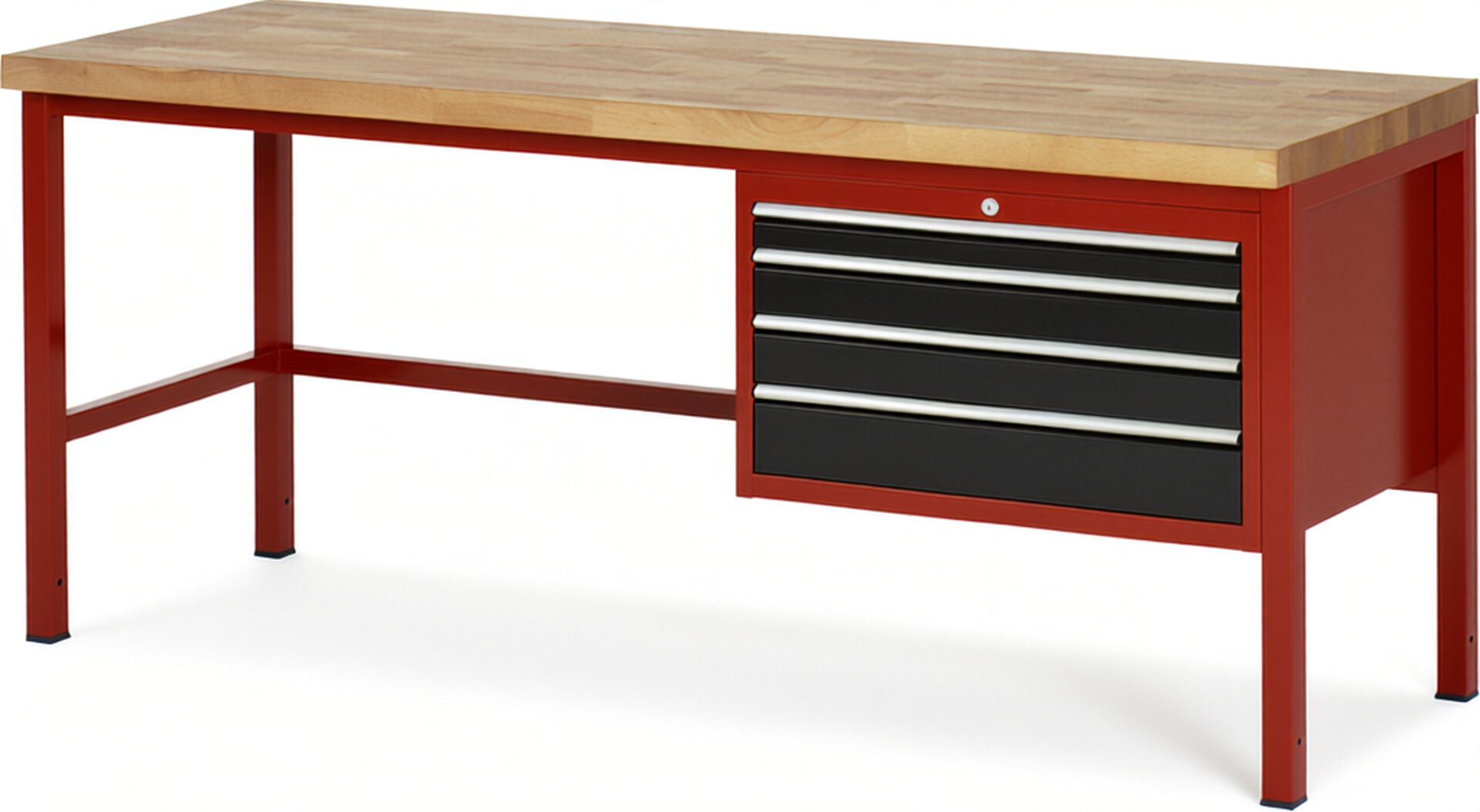 Werkbank Modell 8232 rot - schwarz, BxTxH 2000x700x840 mm,  Buche-Massiv Arbeitsplatte 40 mm,  4 Schubladen mit  Auszug 90 %