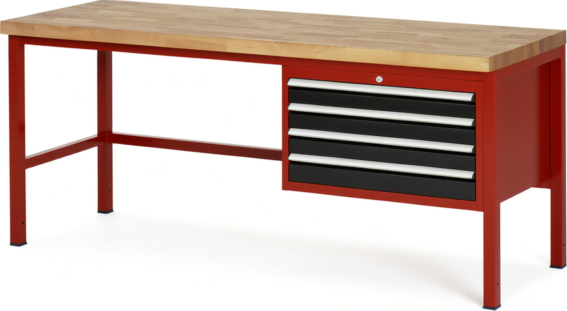 Werkbank Modell 8233 rot - schwarz, BxTxH 2000x700x840 mm,  Buche-Massiv Arbeitsplatte 40 mm,  4 Schubladen mit  Vollauszug 100 % und  SoftClosing