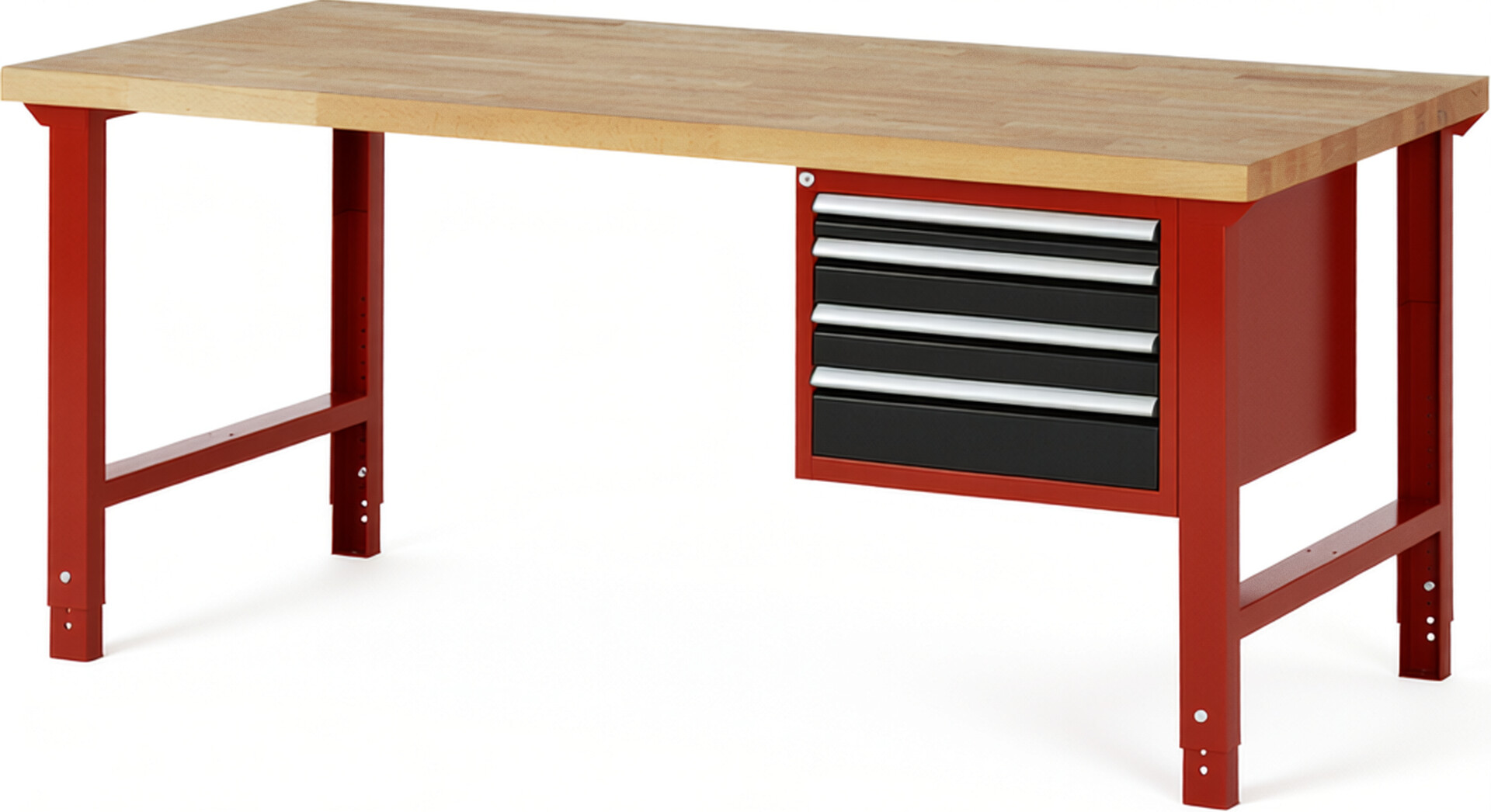 Werkbank Modell 7132 rot - schwarz, BxTxH 2000x900x790-1140 mm,  Buche-Massiv Arbeitsplatte 40 mm,  4 Schubladen mit  Vollauszug 100 % und  SoftClosing