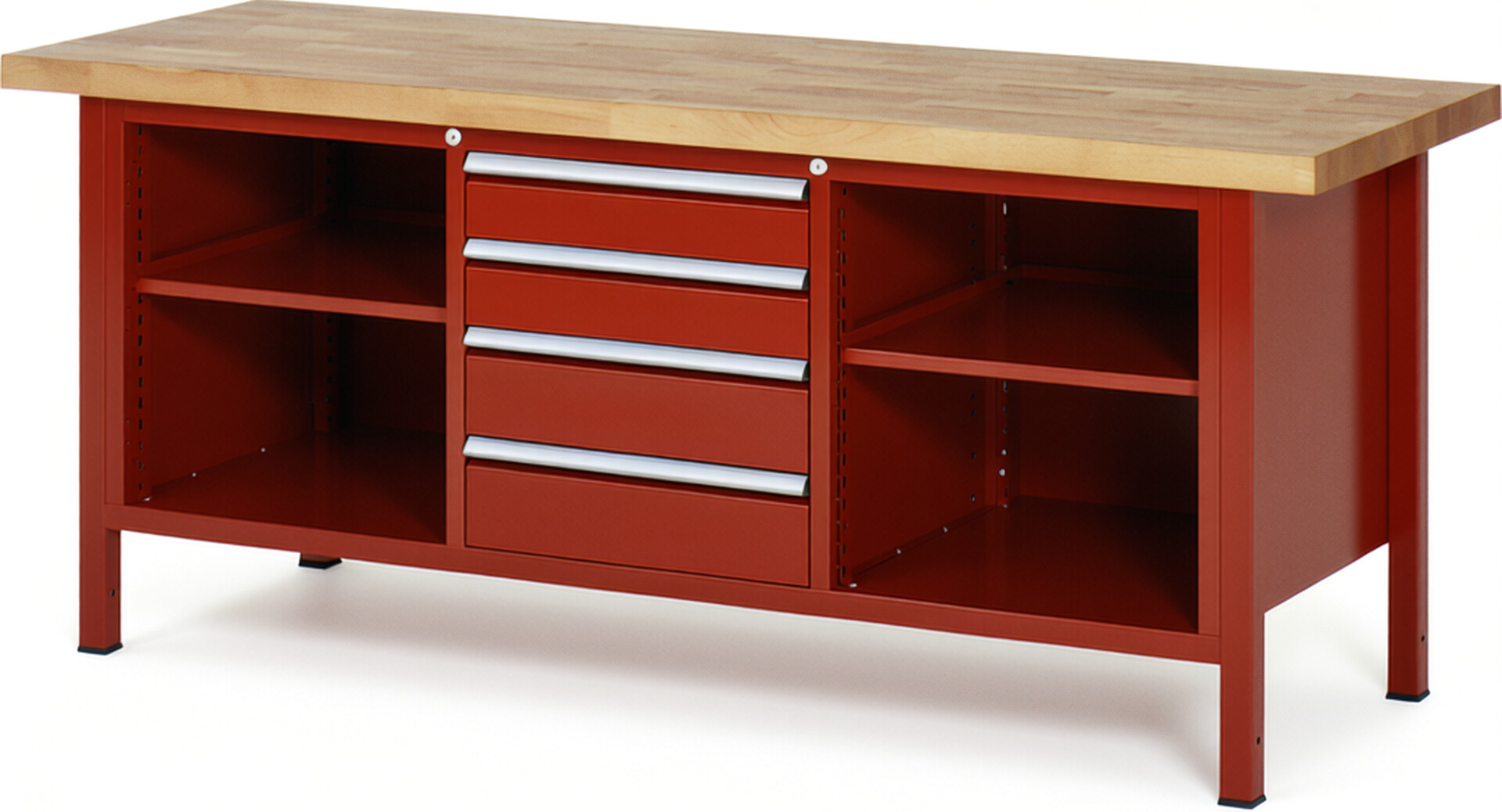 Werkbank Modell 8566 rot, BxTxH 2000x700x840 mm,  Buche-Massiv Arbeitsplatte 40 mm,  4 Schubladen mit  Vollauszug 100 % und  SoftClosing