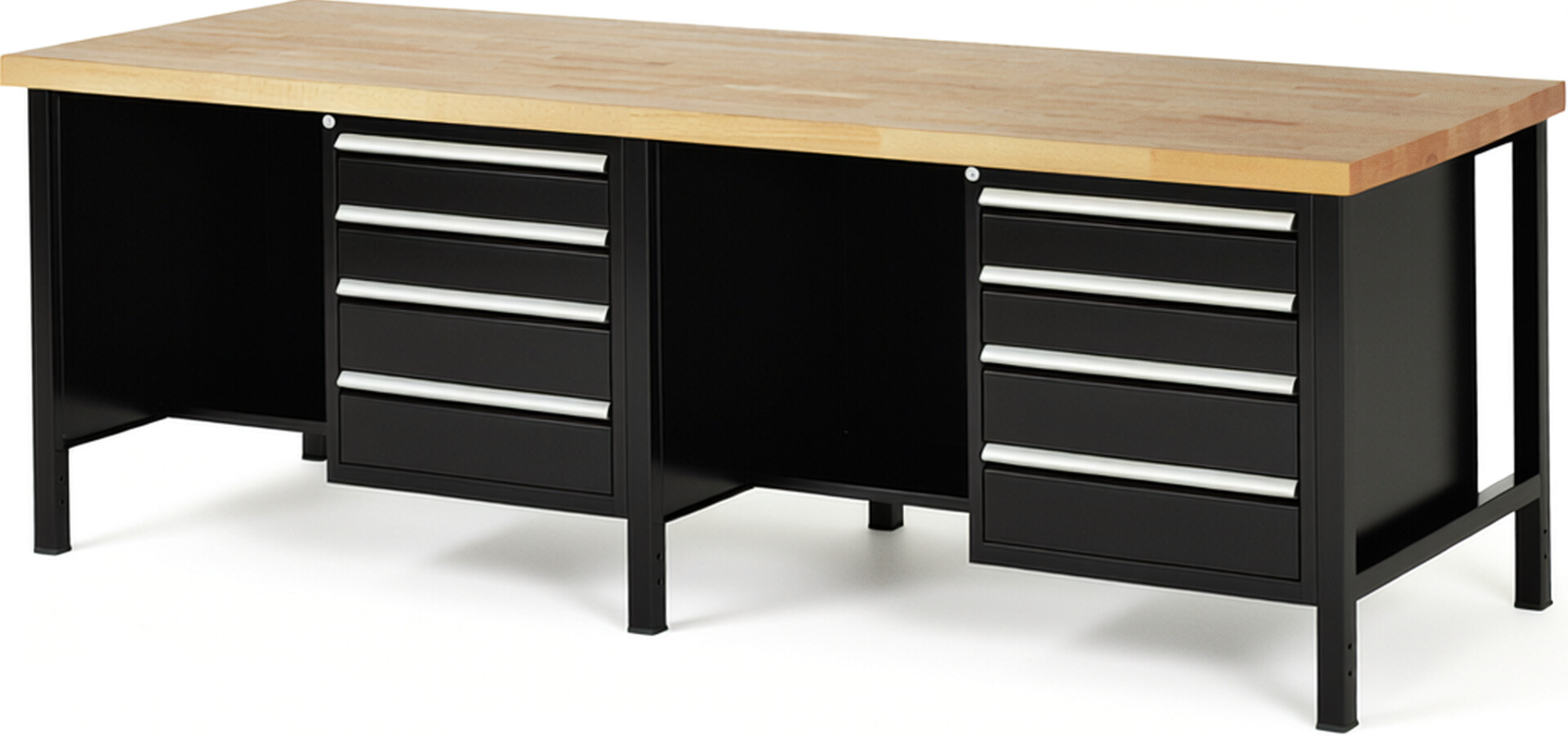 Werkbank Modell 8453 schwarz, BxTxH 2500x900x840-1040 mm,  Buche-Massiv Arbeitsplatte 40 mm,  8 Schubladen mit  Auszug 90 %