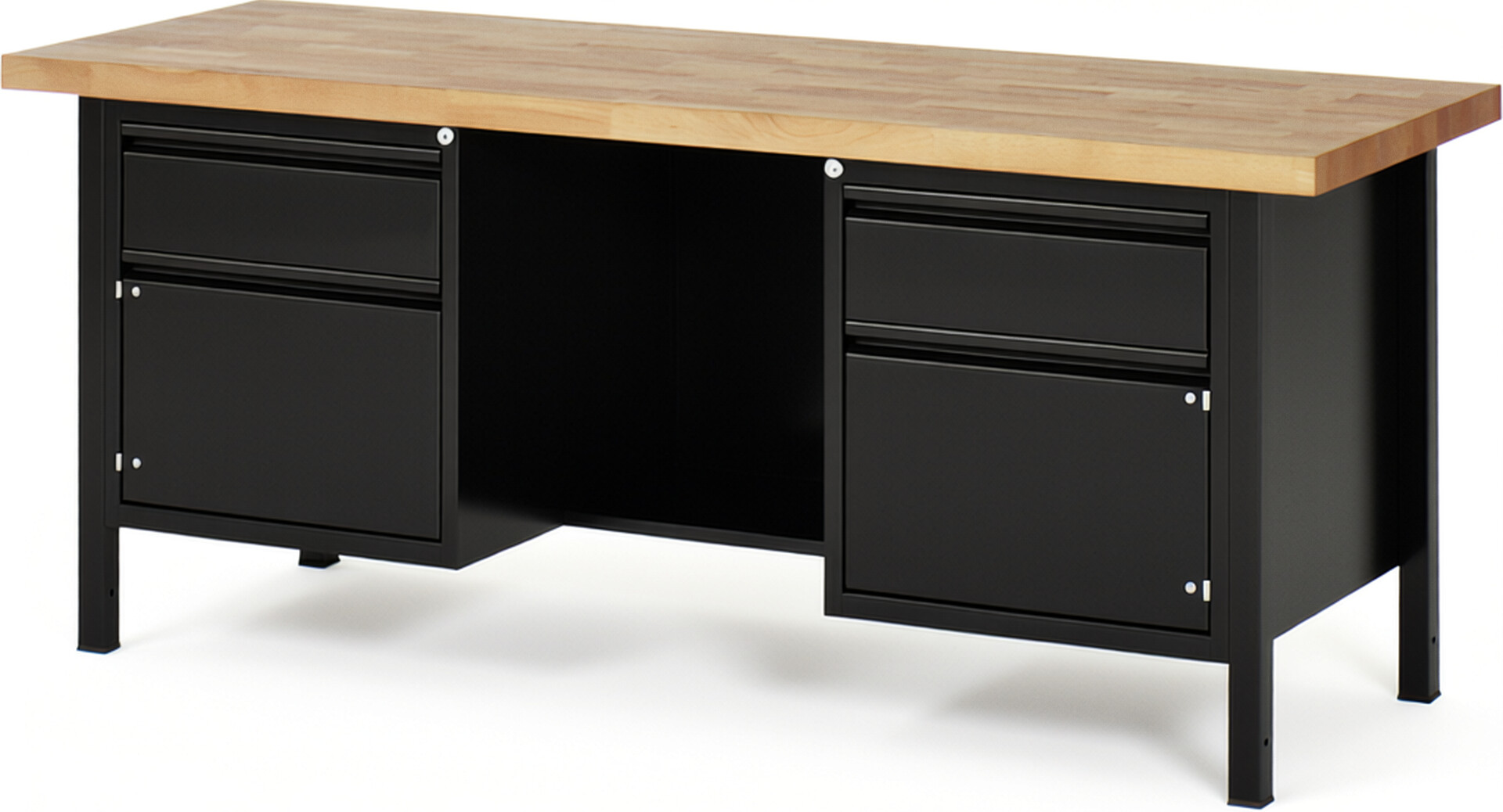 Werkbank - Modell 8551 BASIC schwarz, BxTxH 2000x700x840 mm,  Buche-Massiv Arbeitsplatte 40 mm,  2 Schubladen mit  Auszug 90 %