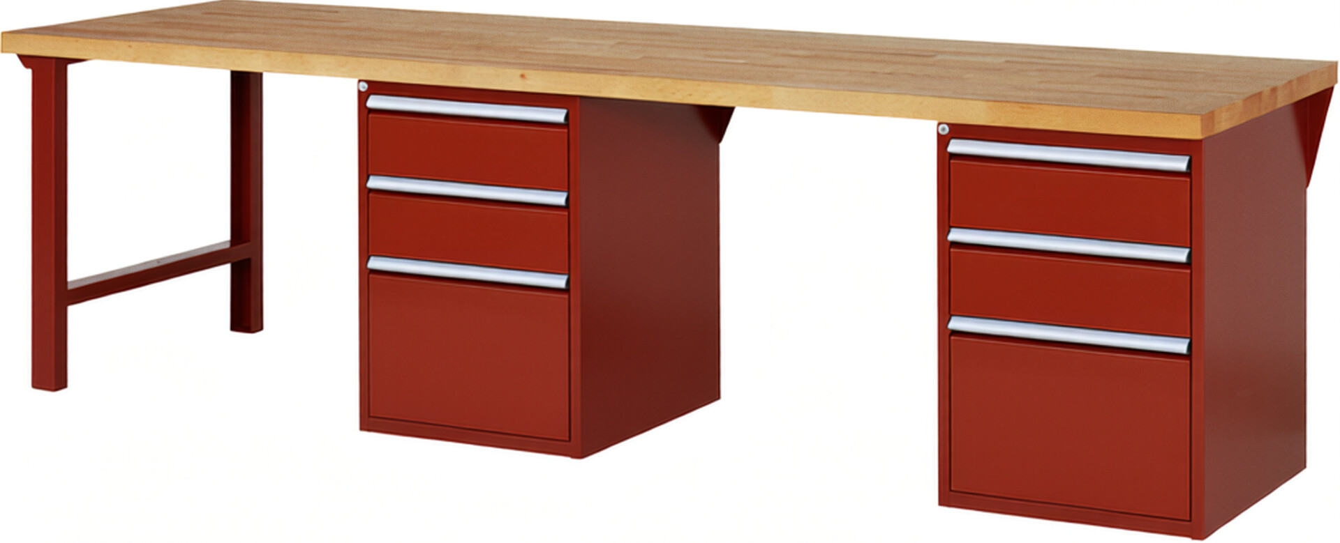 Werkbank Modell 7507 rot, BxTxH 3000x900x840 mm,  Buche-Massiv Arbeitsplatte 40 mm,  6 Schubladen mit  Vollauszug 100 % und  SoftClosing
