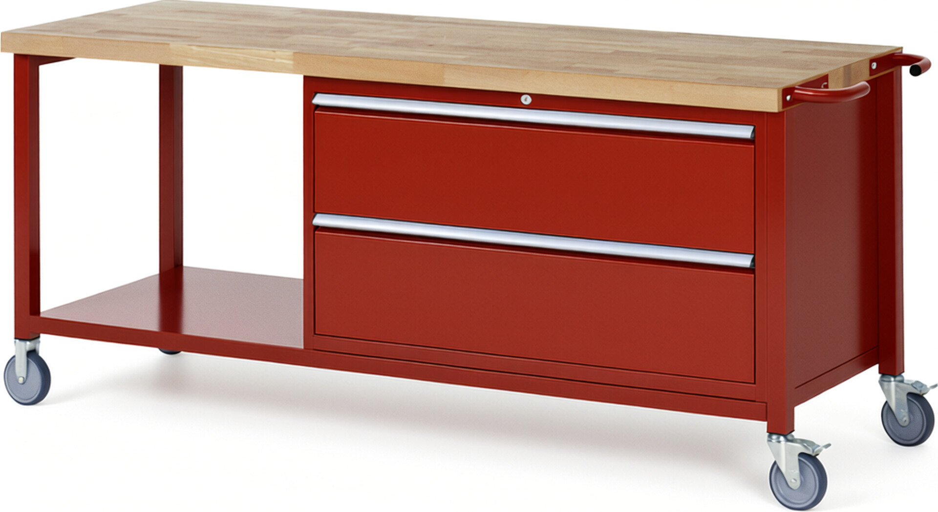 Fahrbare Werkbank Modell 8355 rot, BxTxH 2000x700x880 mm,  Buche-Massiv Arbeitsplatte 40 mm,  2 Schubladen mit  Auszug 90 %
