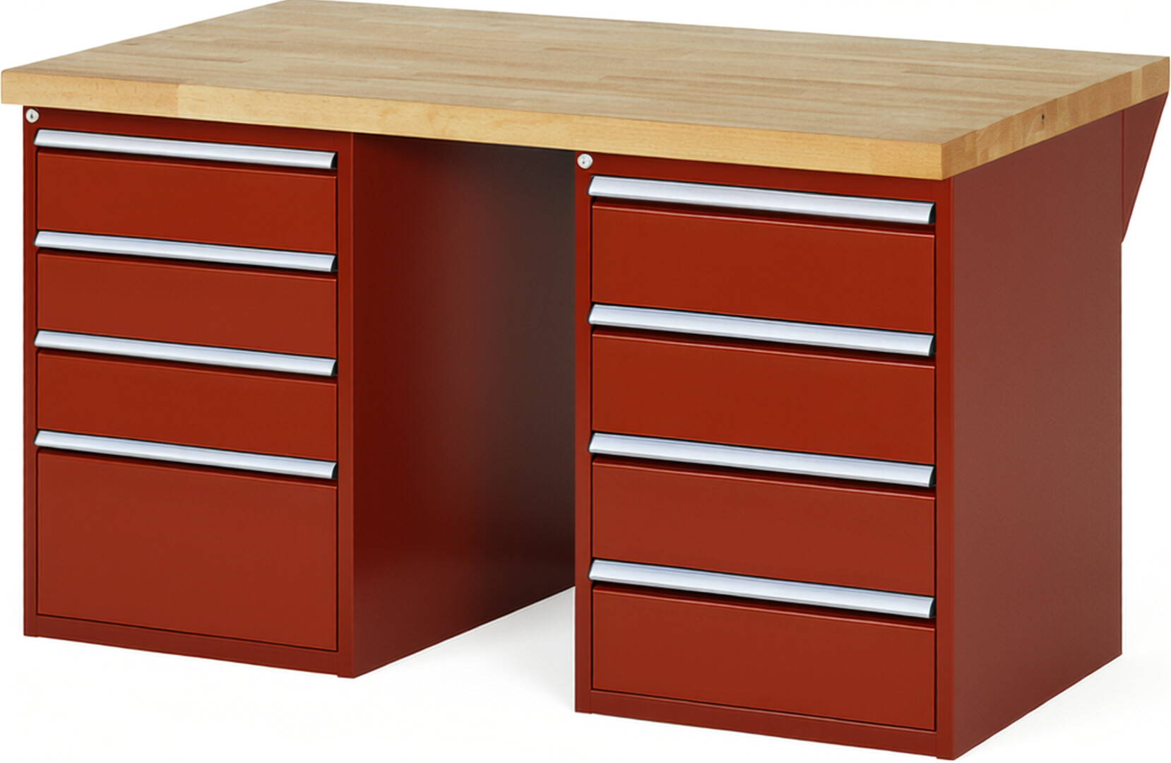 Werkbank Modell 7820 rot, BxTxH 1500x900x890 mm,  Buche-Massiv Arbeitsplatte 40 mm,  8 Schubladen mit  Vollauszug 100 % und  SoftClosing