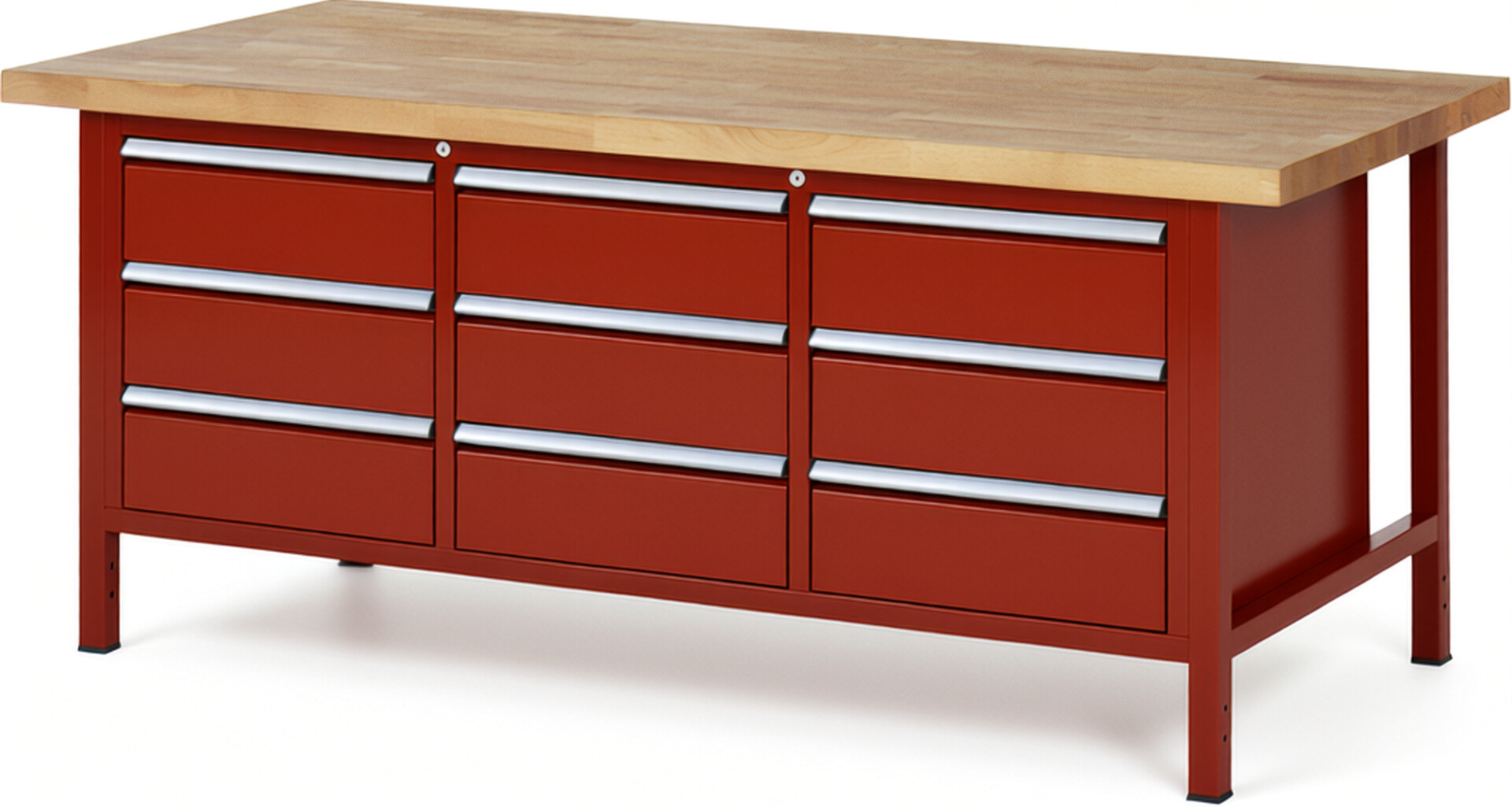 Werkbank Modell 8574 rot, BxTxH 2000x900x840 mm,  Buche-Massiv Arbeitsplatte 40 mm,  9 Schubladen mit  Auszug 90 %