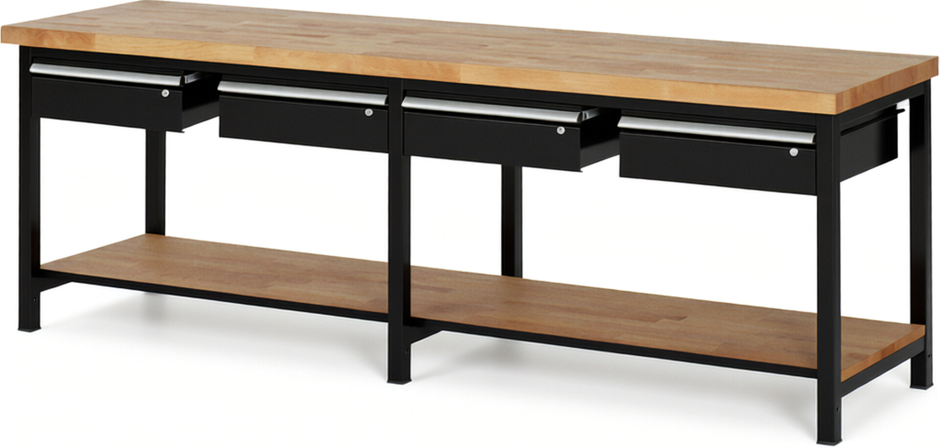 Werkbank Modell 8002 schwarz, BxTxH 2500x700x840-1040 mm,  Buche-Massiv Arbeitsplatte 40 mm,  4 Schubladen mit  Auszug 90 %