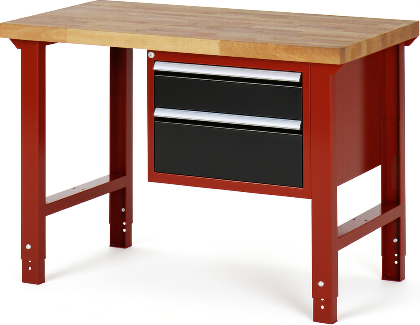 Werkbank Modell 7123 rot - schwarz, BxTxH 1250x700x790-1140 mm,  Buche-Massiv Arbeitsplatte 40 mm,  2 Schubladen mit  Auszug 90 %