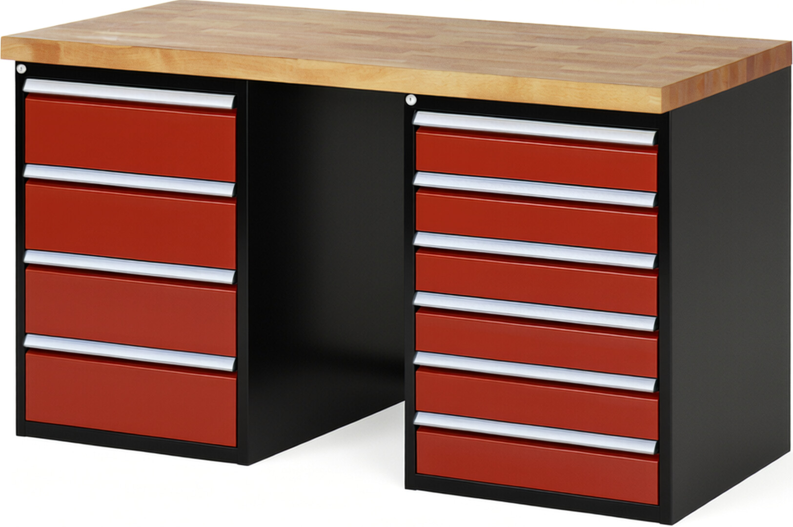 RAU Werkbank schwarz - rot - Breite 150 cm - Tiefe 70 cm - Höhe 89 cm - Buche-Massiv Arbeitsplatte 40 mm