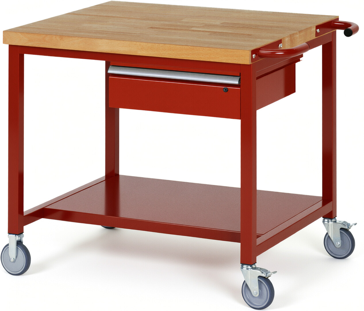 Fahrbare Werkbank Modell 8001 rot, BxTxH 1000x900x880 mm,  Buche-Massiv Arbeitsplatte 40 mm,  1 Schublade mit  Auszug 90 %