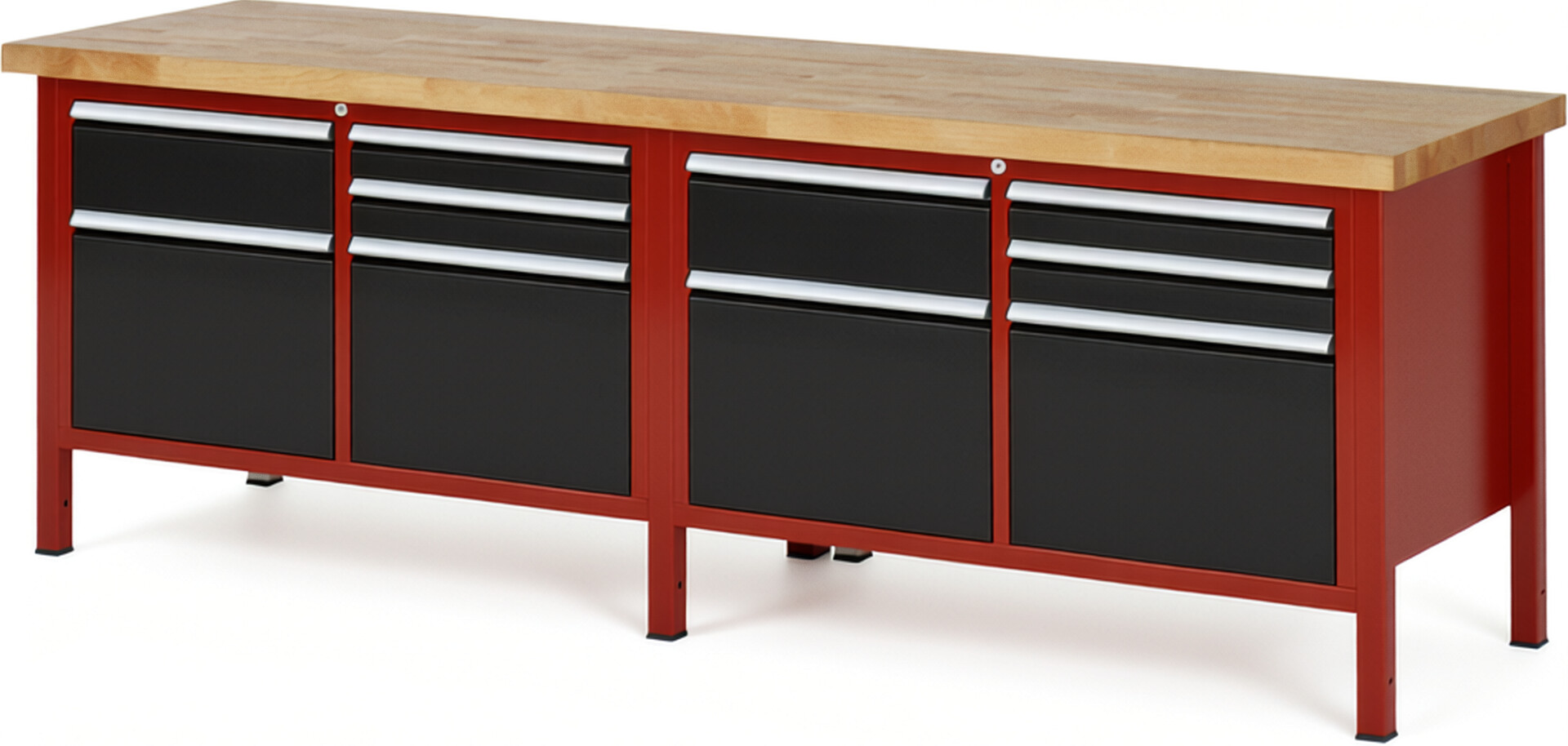 Werkbank Modell 8472 rot - schwarz, BxTxH 2500x700x840 mm,  Buche-Massiv Arbeitsplatte 40 mm,  10 Schubladen mit  Vollauszug 100 % und  SoftClosing