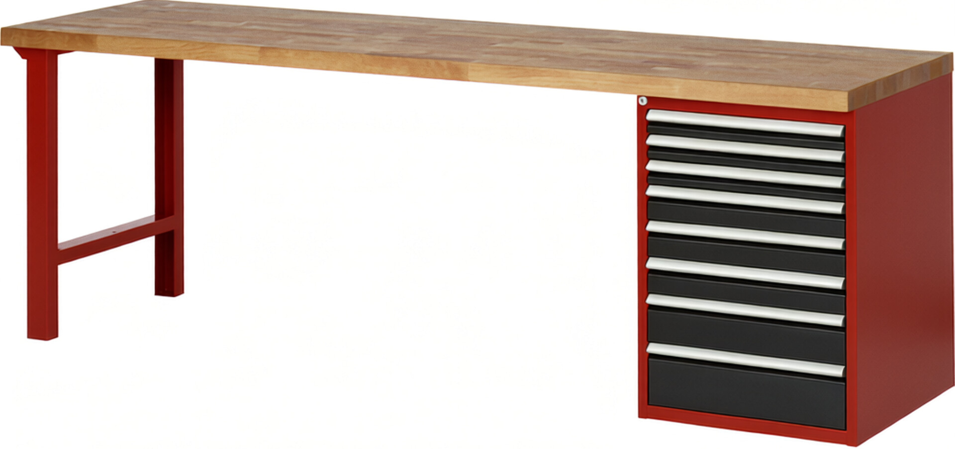 Werkbank Modell 7519 rot - schwarz, BxTxH 2500x700x890 mm,  Buche-Massiv Arbeitsplatte 40 mm,  8 Schubladen mit  Vollauszug 100 % und  SoftClosing