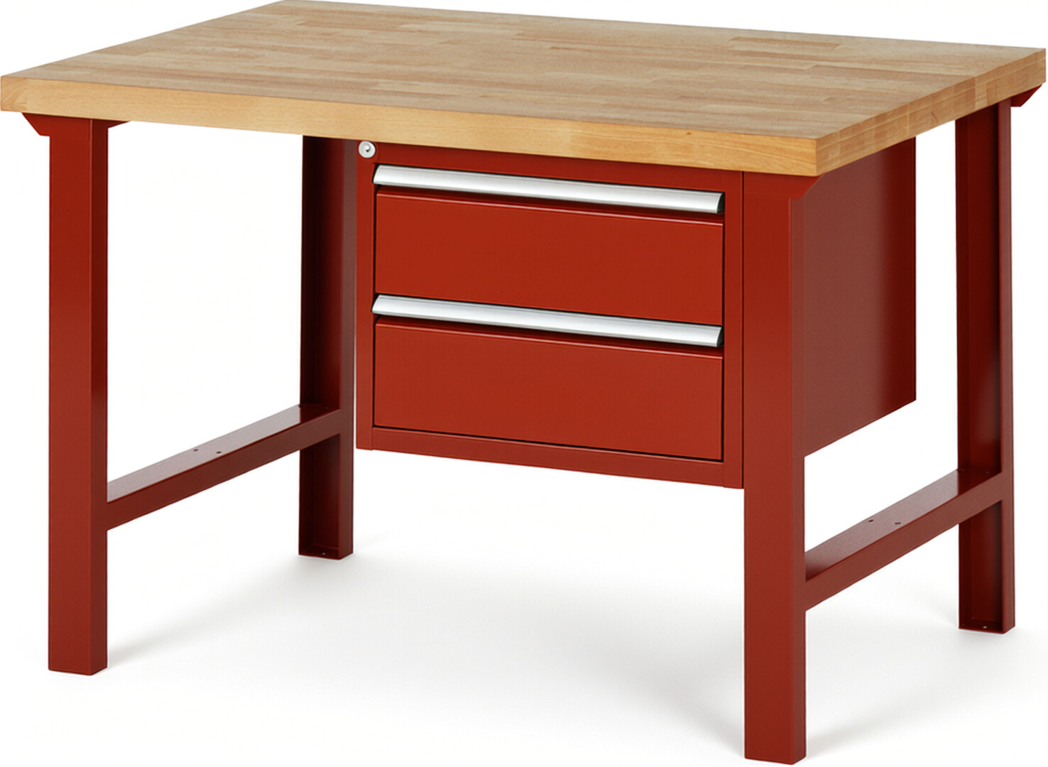Werkbank Modell 7125 rot, BxTxH 1250x900x840 mm,  Buche-Massiv Arbeitsplatte 40 mm,  2 Schubladen mit  Vollauszug 100 % und  SoftClosing