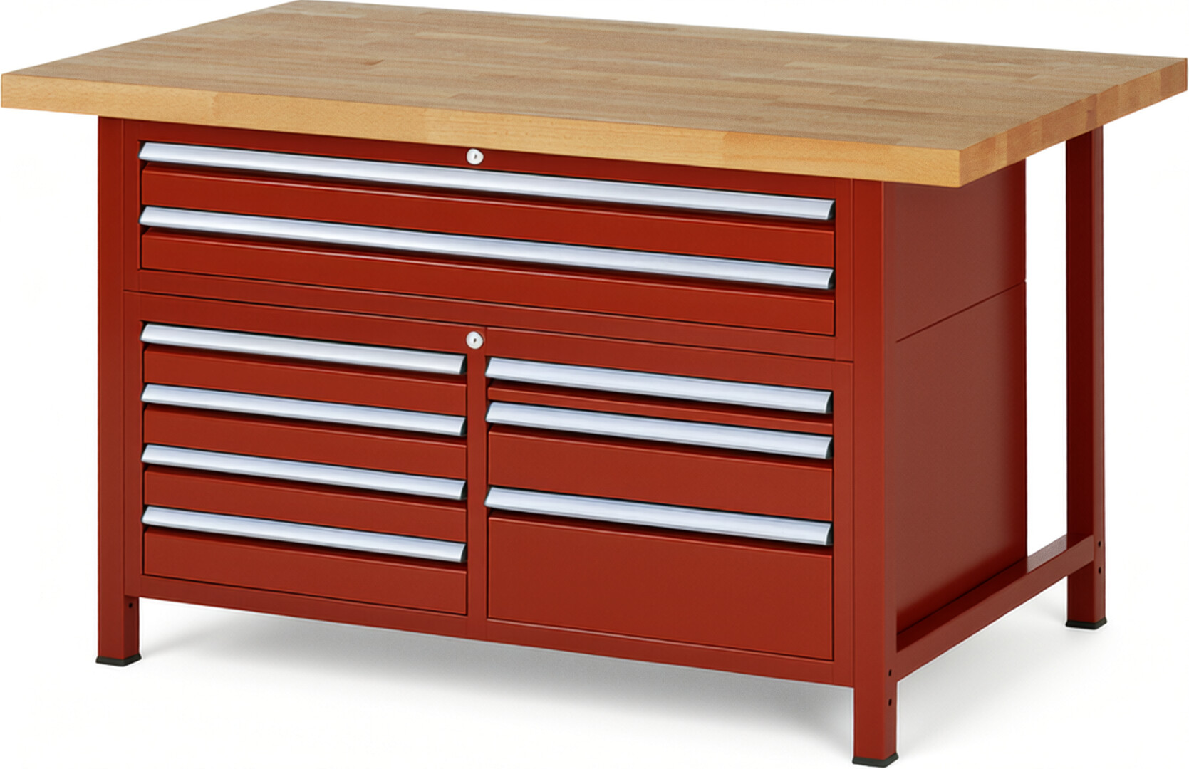 Werkbank Modell 8923 rot, BxTxH 1500x900x840 mm,  Buche-Massiv Arbeitsplatte 40 mm,  9 Schubladen mit  Vollauszug 100 % und  SoftClosing