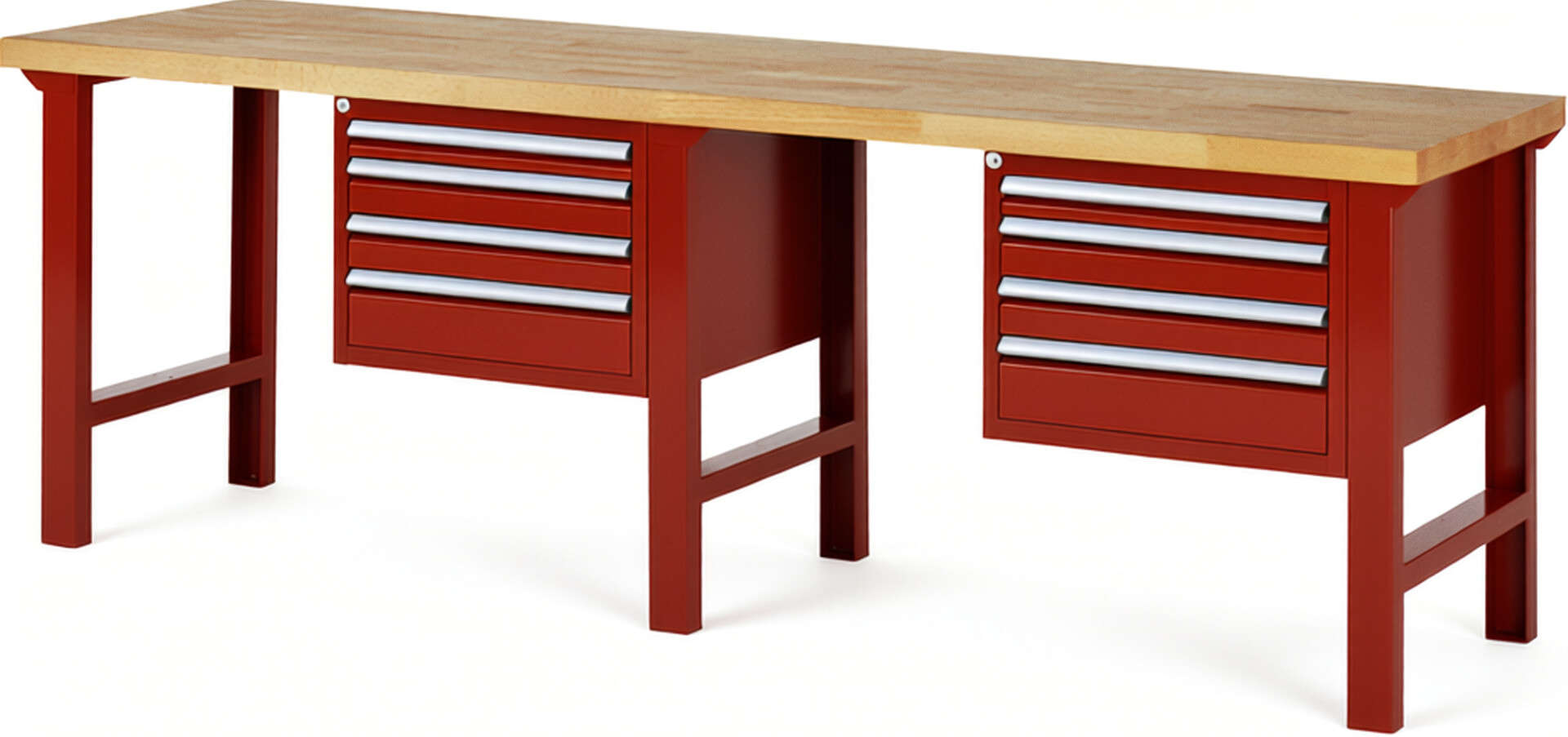 Werkbank Modell 7132 rot, BxTxH 2500x700x840 mm,  Buche-Massiv Arbeitsplatte 40 mm,  8 Schubladen mit  Auszug 90 %