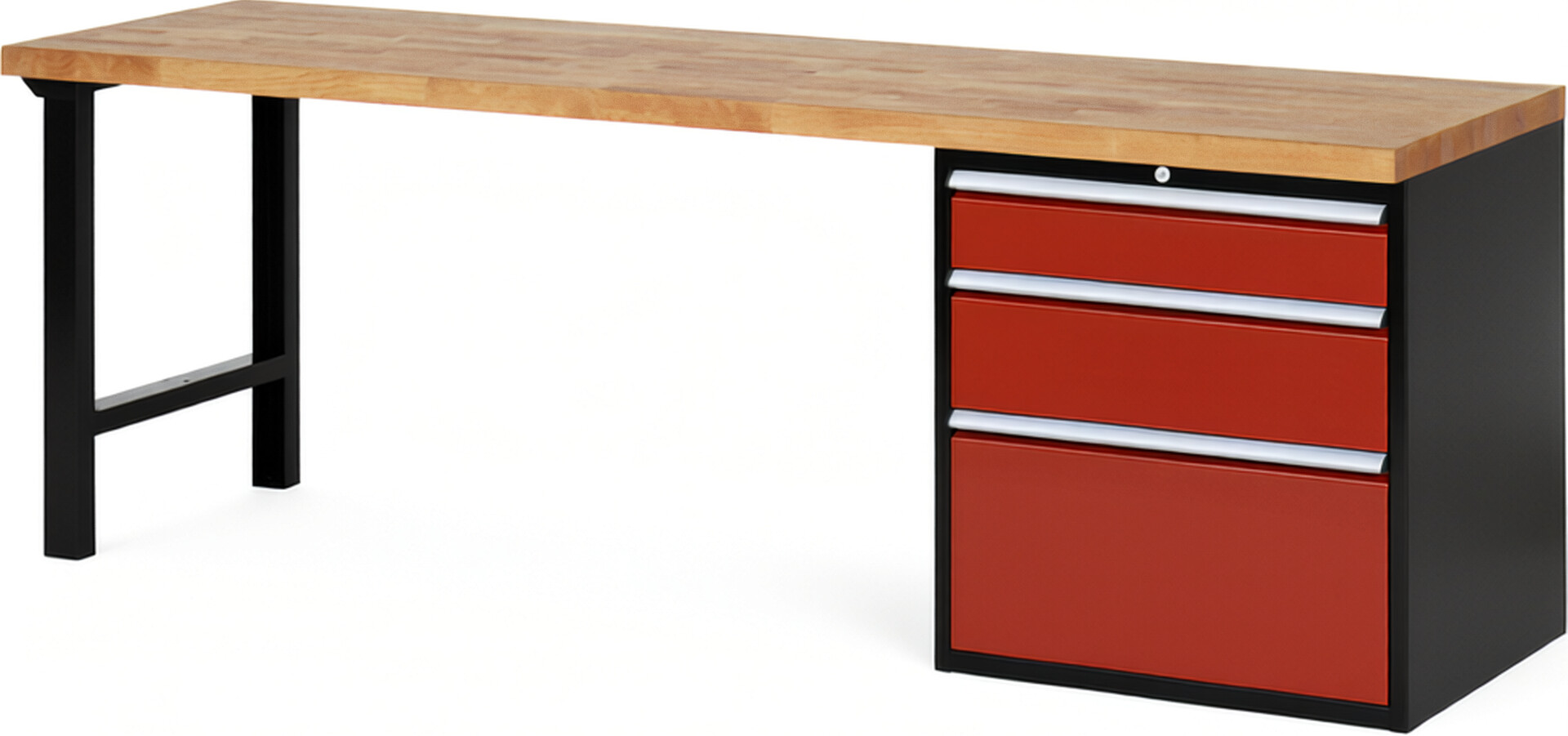 RAU Werkbank schwarz - rot - Breite 250 cm - Tiefe 70 cm - Höhe 89 cm - Buche-Massiv Arbeitsplatte 40 mm
