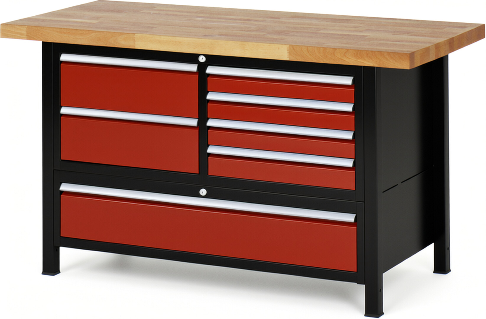 RAU Werkbank schwarz - rot - Breite 150 cm - Tiefe 70 cm - Höhe 104 cm - Buche-Massiv Arbeitsplatte 40 mm