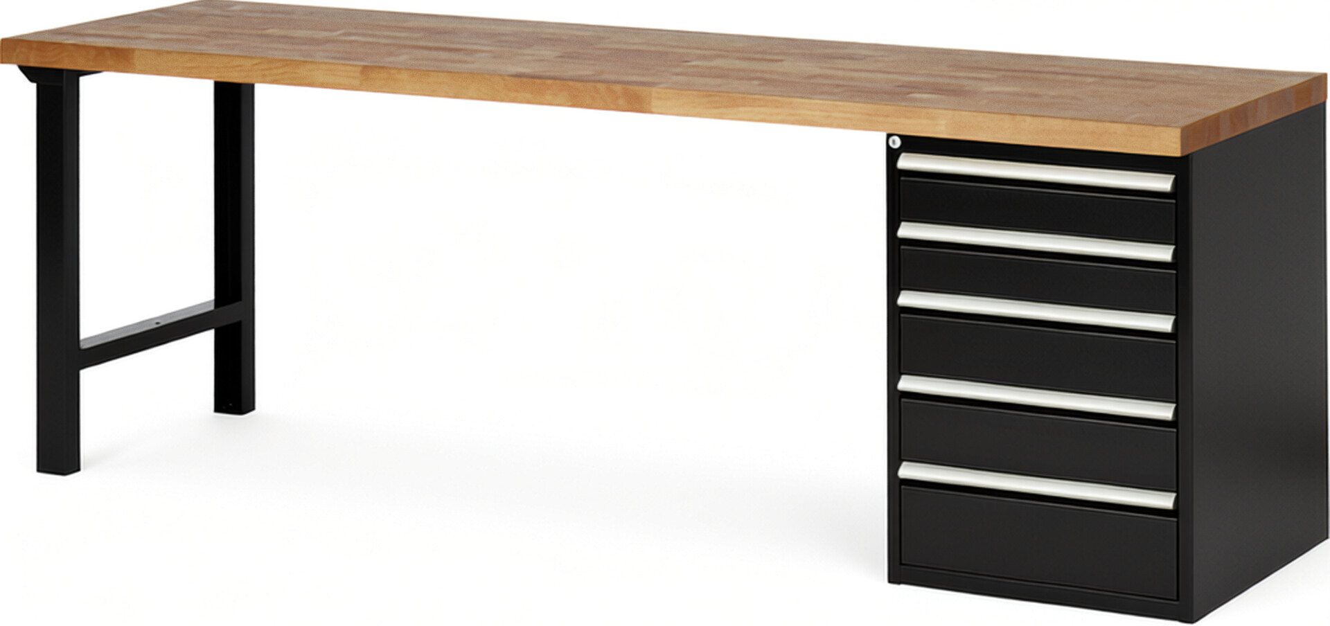 Werkbank Modell 7513 schwarz, BxTxH 2500x700x890 mm,  Buche-Massiv Arbeitsplatte 40 mm,  5 Schubladen mit  Auszug 90 %