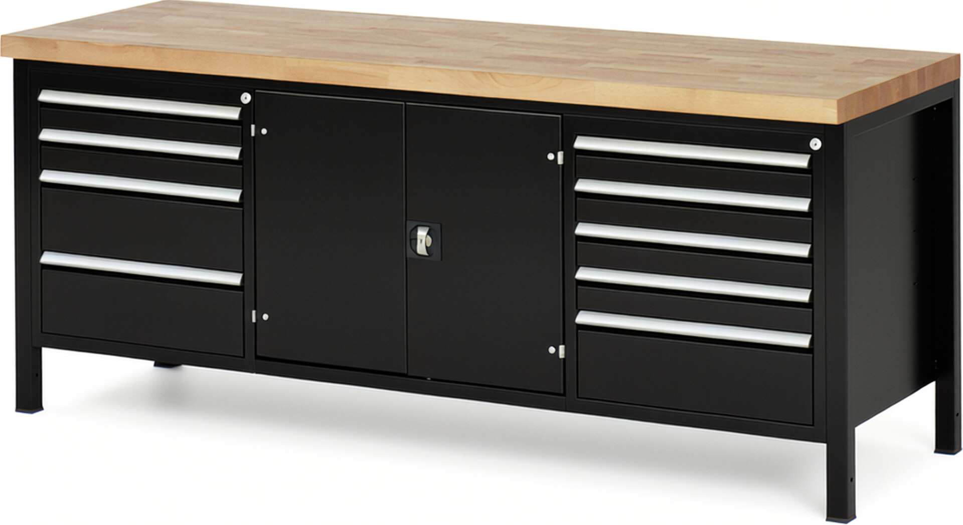Werkbank Modell 8908 schwarz, BxTxH 2000x700x840-1040 mm,  Buche-Massiv Arbeitsplatte 40 mm,  9 Schubladen mit  Auszug 90 %