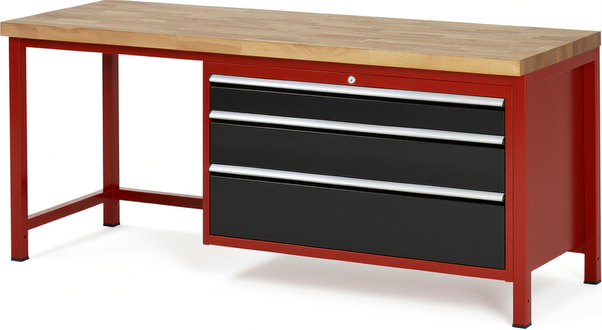 Werkbank Modell 8359 rot - schwarz, BxTxH 2000x700x840-1040 mm,  Buche-Massiv Arbeitsplatte 40 mm,  3 Schubladen mit  Vollauszug 100 % und  SoftClosing